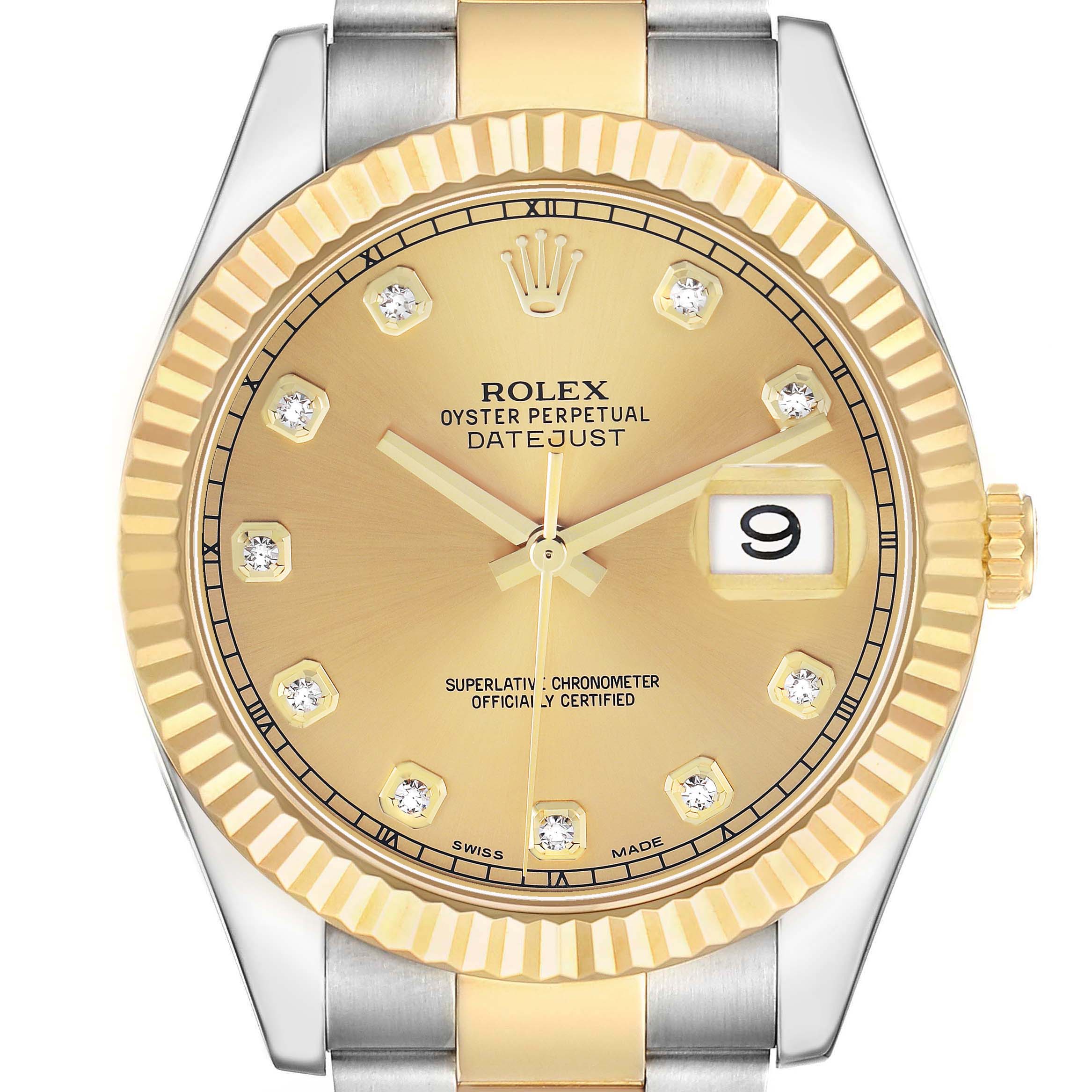 The Rolex Datejust 41 116333 Men's Steel and Gold (two tone) Champagne Dial is shown from a top-down angle, highlighting the gold dial, bezel, and diamond hour markers.