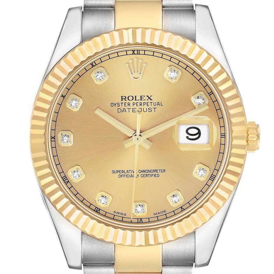 The Rolex Datejust 41 116333 Men's Steel and Gold (two tone) Champagne Dial is shown from a top-down angle, highlighting the gold dial, bezel, and diamond hour markers.