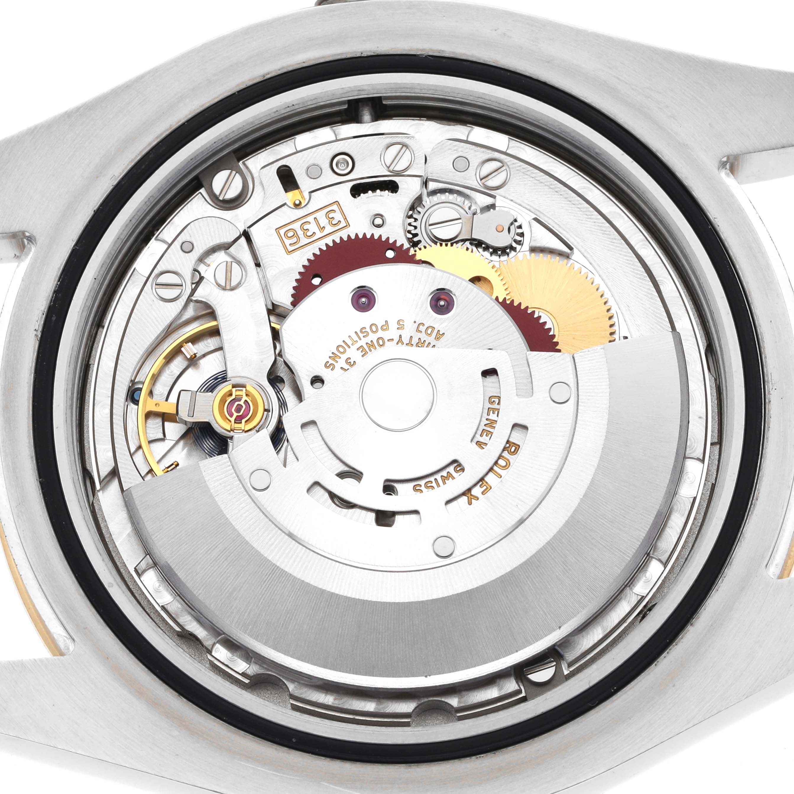 The image shows the back view of the Rolex Datejust 41 116333 Men's Steel and Gold (two tone) Champagne Dial, revealing its intricate movement and rotor.