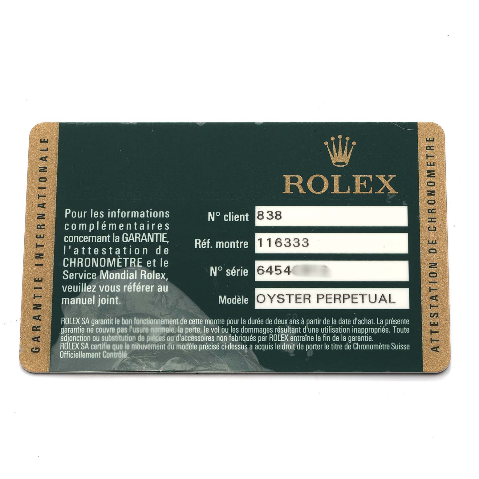 The image shows a warranty card for a Rolex Datejust 41 116333 Men's Steel and Gold (two tone) Champagne Dial, displaying client number, watch reference, and serial number details.