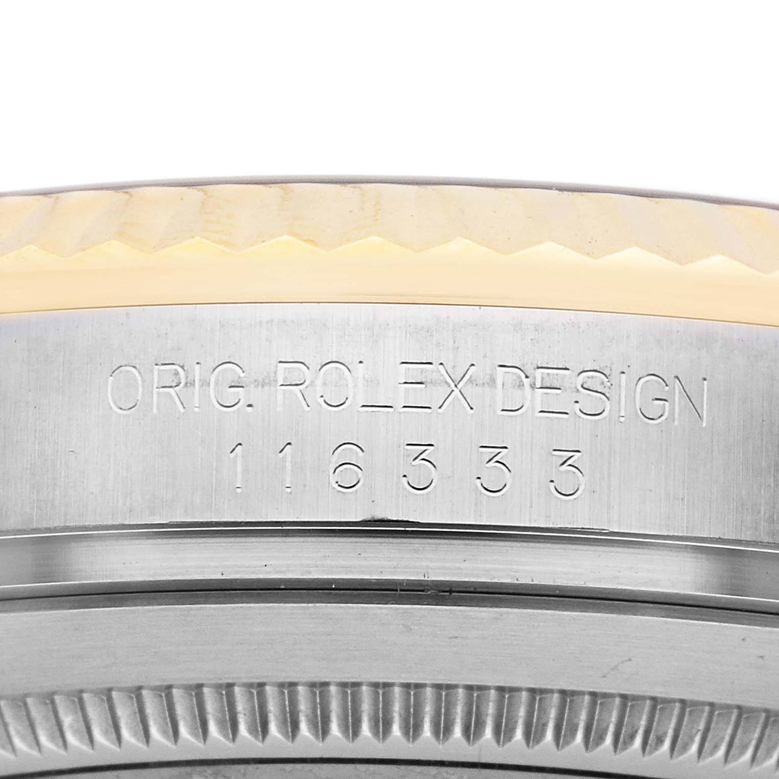 This image shows the side engraving of a Rolex Datejust 41 116333 Men's Steel and Gold (two tone) Champagne Dial, displaying its original design and model number.