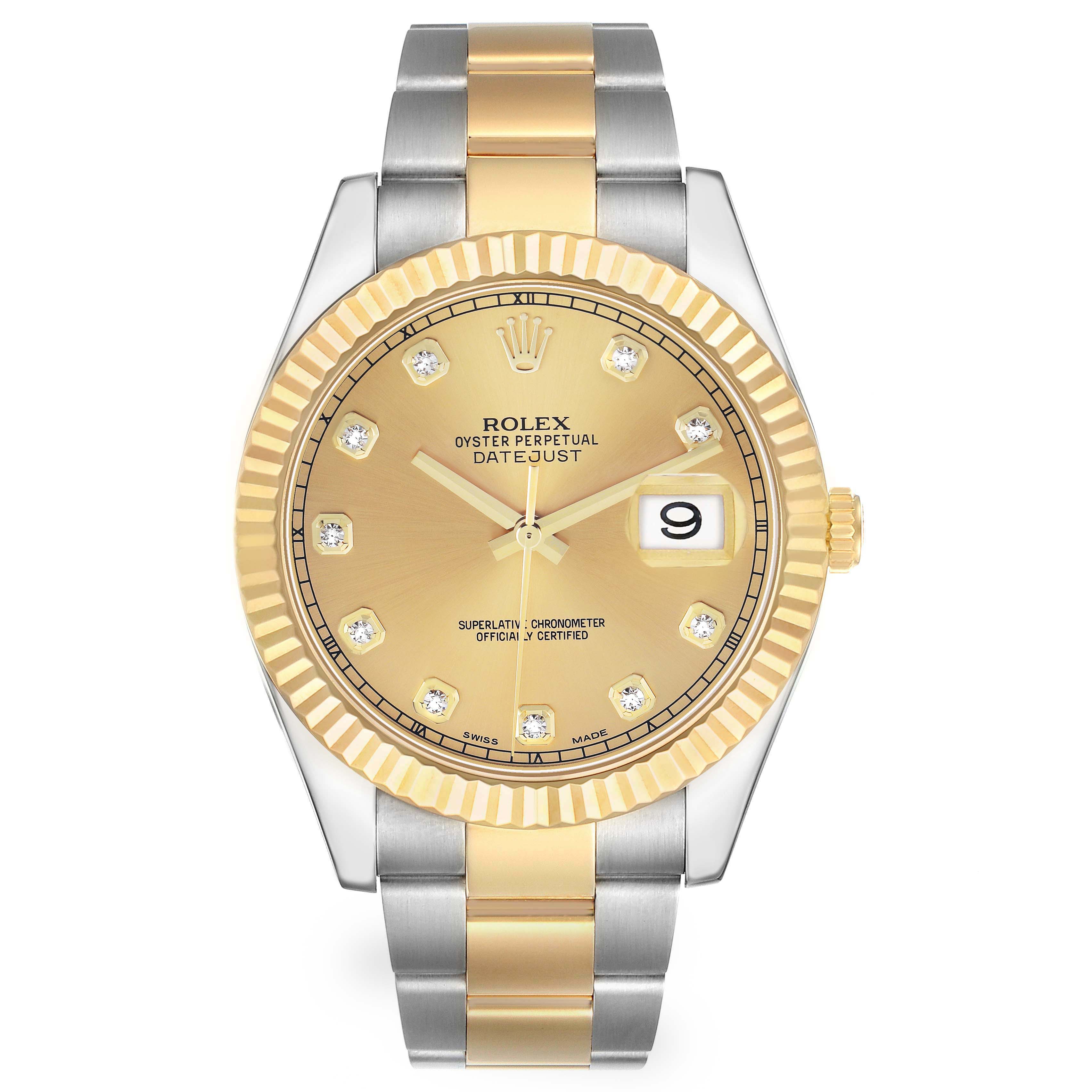 The Rolex Datejust 41 116333 Men's Steel and Gold (two tone) Champagne Dial watch is shown in a front view, highlighting its gold face, fluted bezel, and two-tone bracelet.