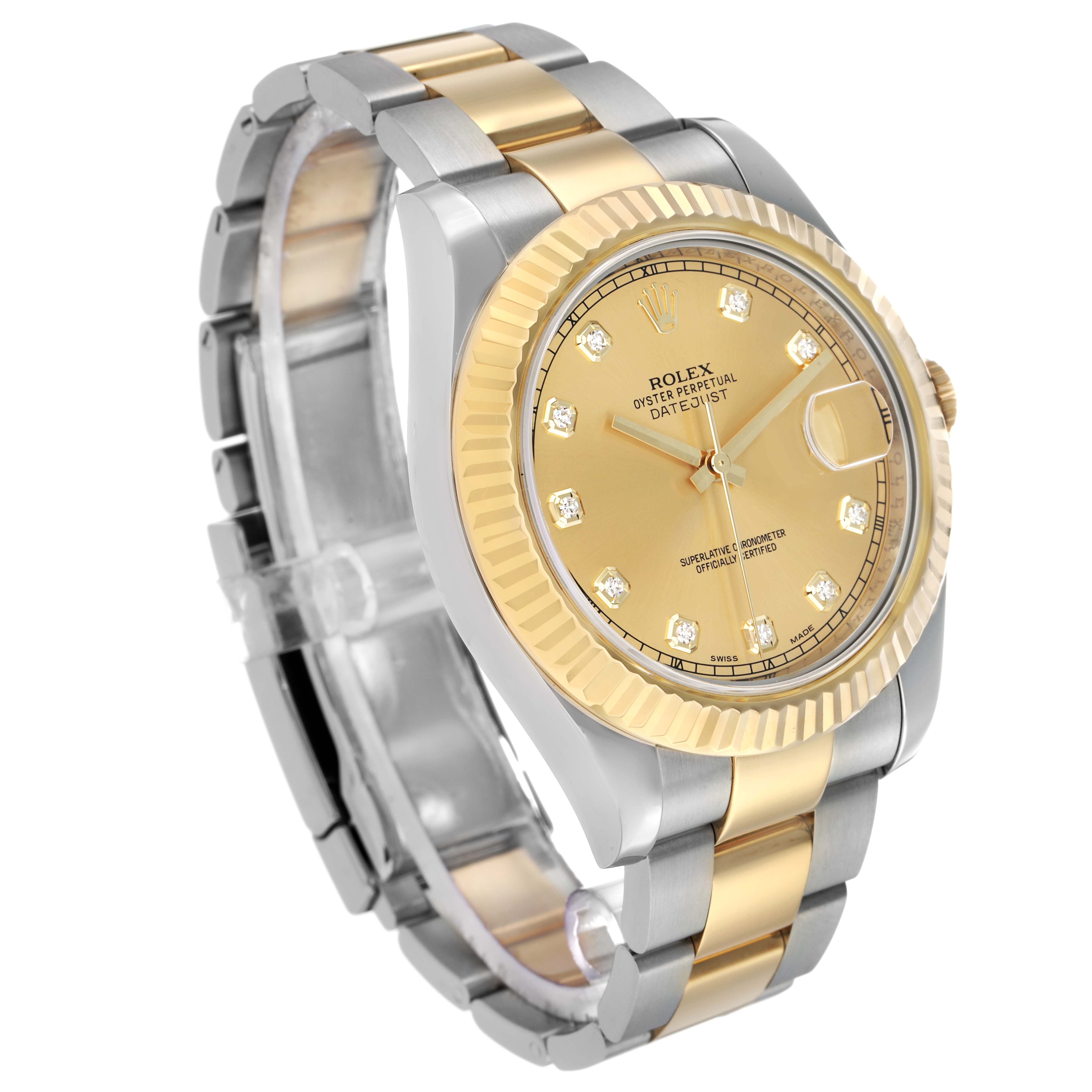 The Rolex Datejust 41 116333 Men's Steel and Gold (two tone) Champagne Dial is shown at an angle highlighting the gold dial, fluted bezel, and two-tone bracelet.