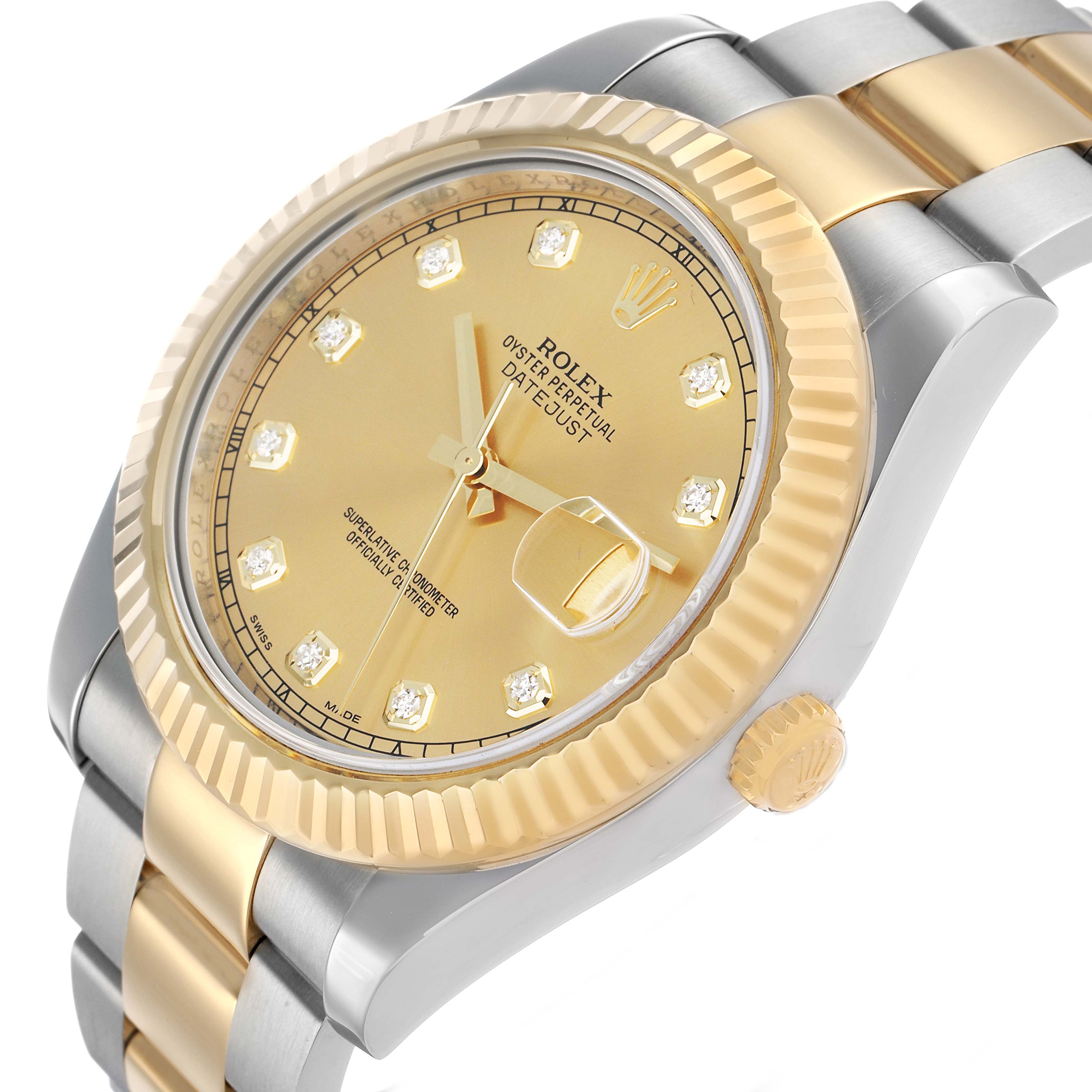 The image shows a Rolex Datejust 41 116333 Men's Steel and Gold (two tone) Champagne Dial at an angled view, highlighting its gold dial, fluted bezel, and two-tone bracelet.