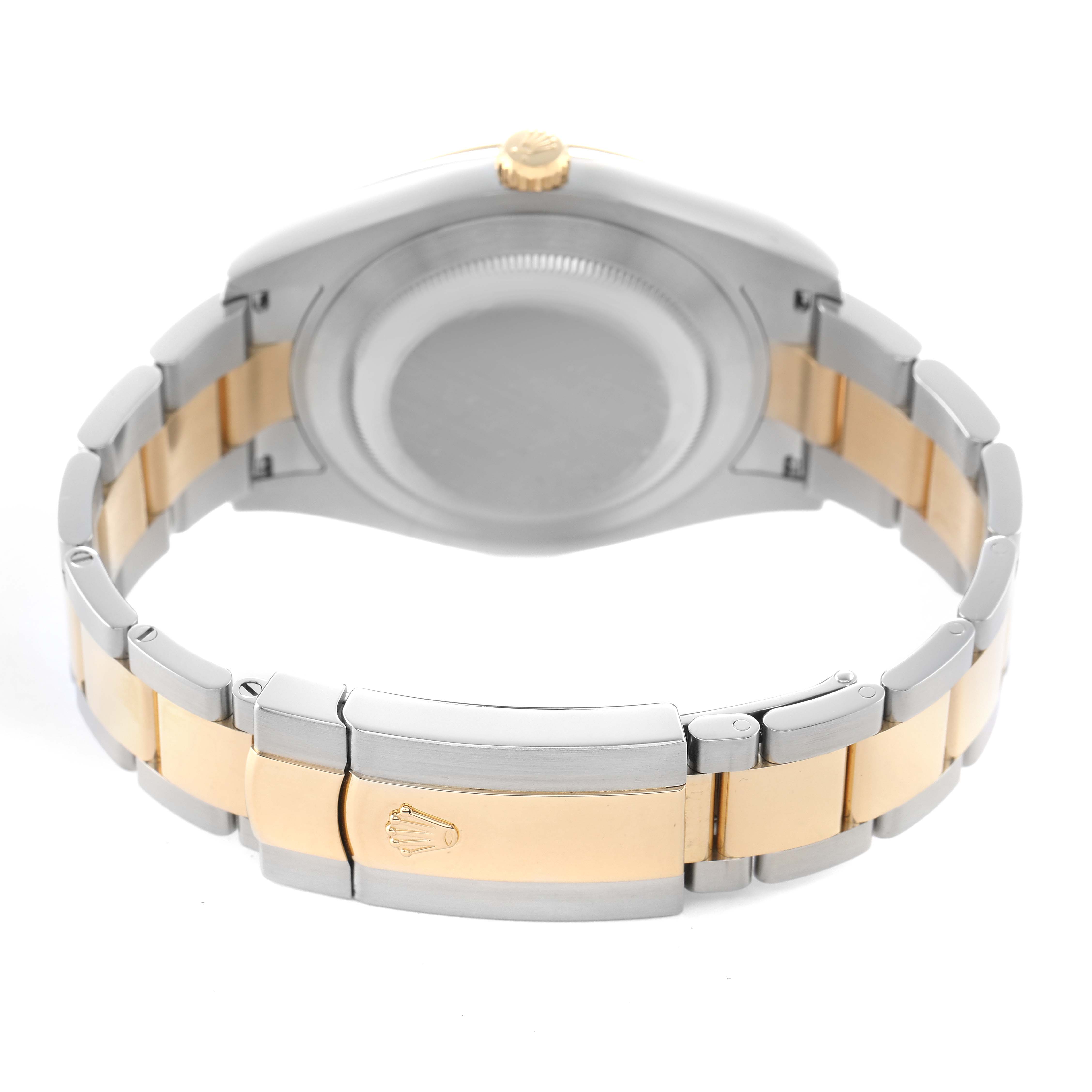 The image shows the back case and bracelet of a Rolex Datejust 41 116333 Men's Steel and Gold (two tone) Champagne Dial, highlighting the two-tone links and clasp.