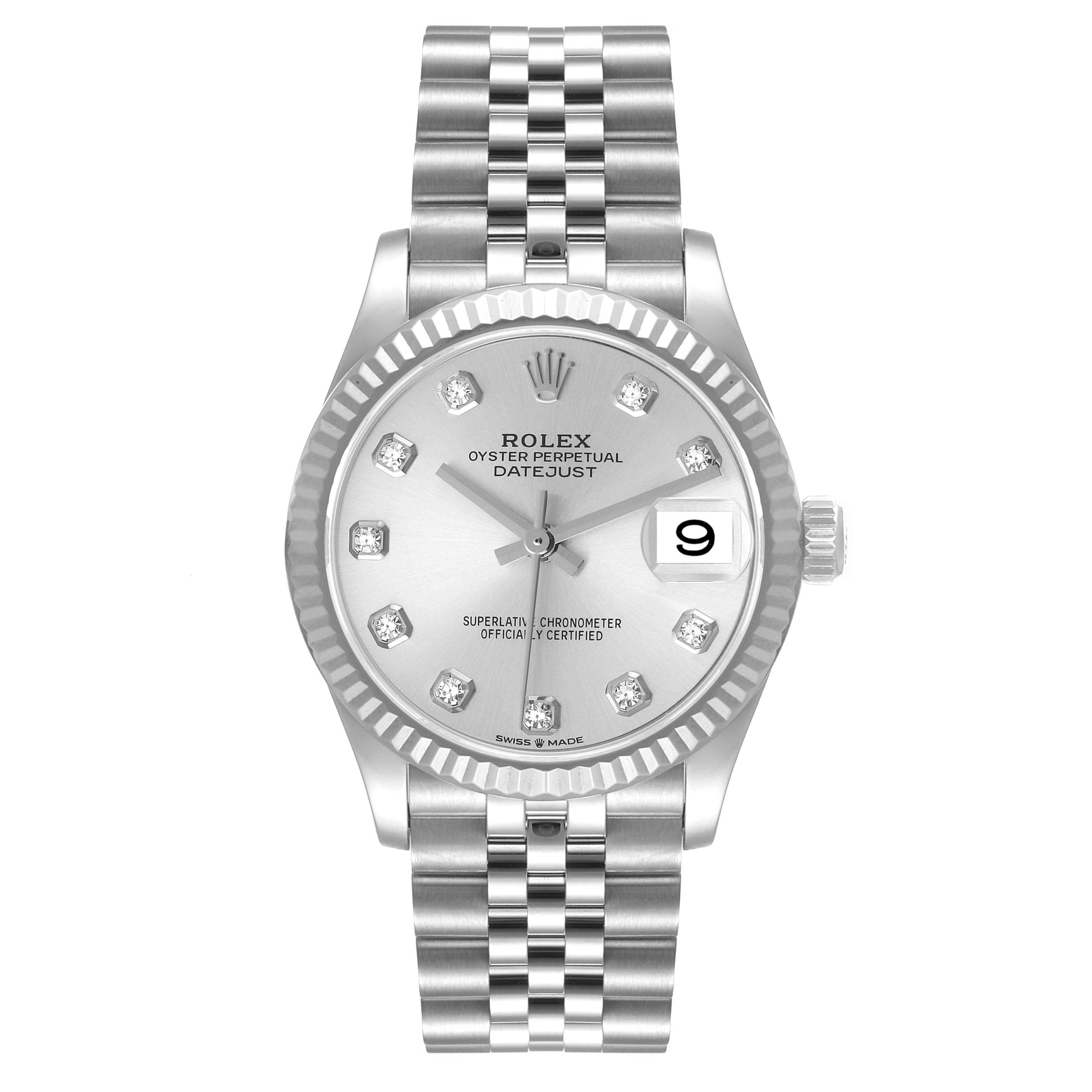 This image shows the front view of a Rolex Datejust 278274 Women's Stainless Steel Silver Dial 278274 Women's Stainless Steel Silver Dial watch, highlighting the dial, bracelet, and date window.