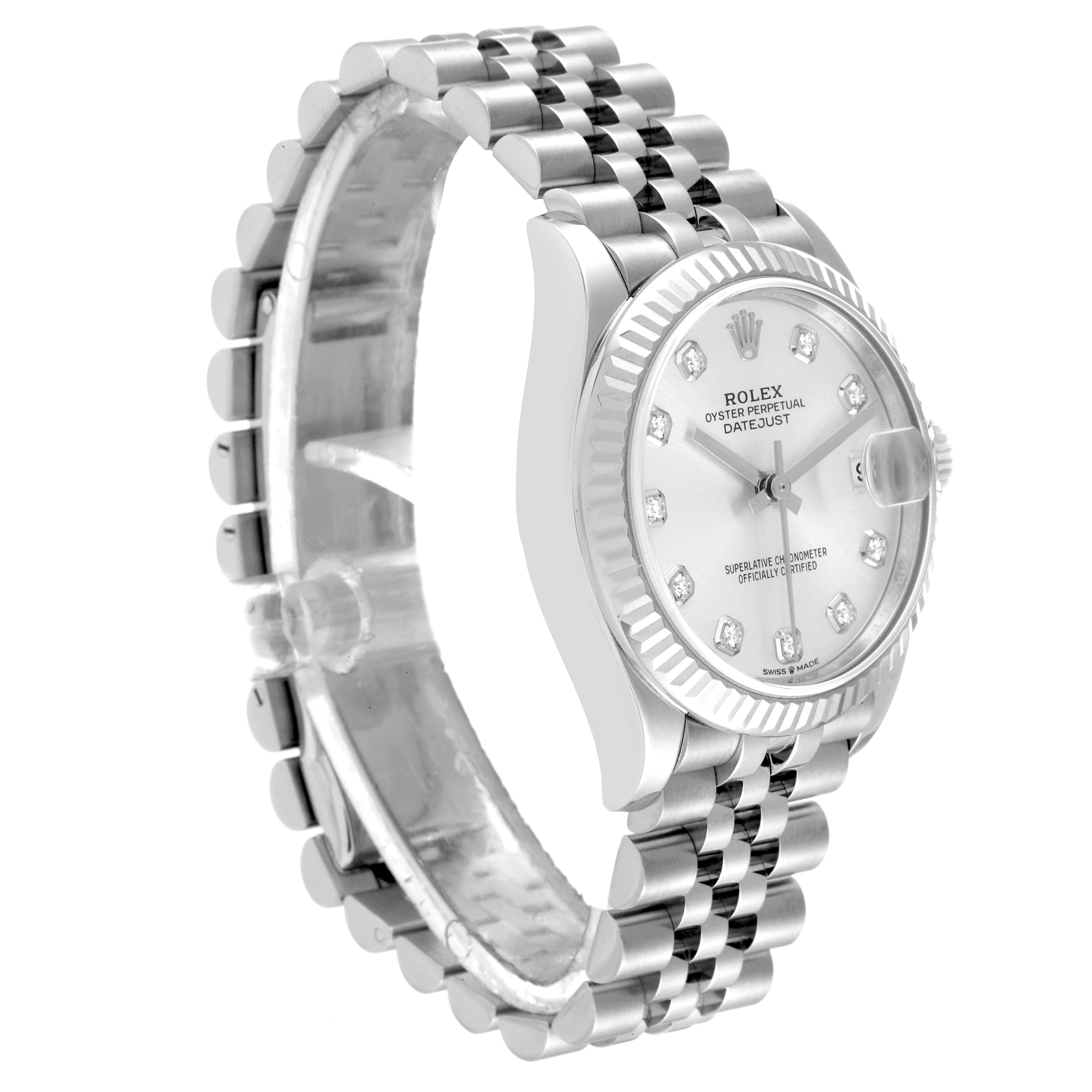 The Rolex Datejust 278274 Women's Stainless Steel Silver Dial 278274 Women's Stainless Steel Silver Dial watch is shown at a left side angle, displaying its face, bezel, and part of its bracelet.