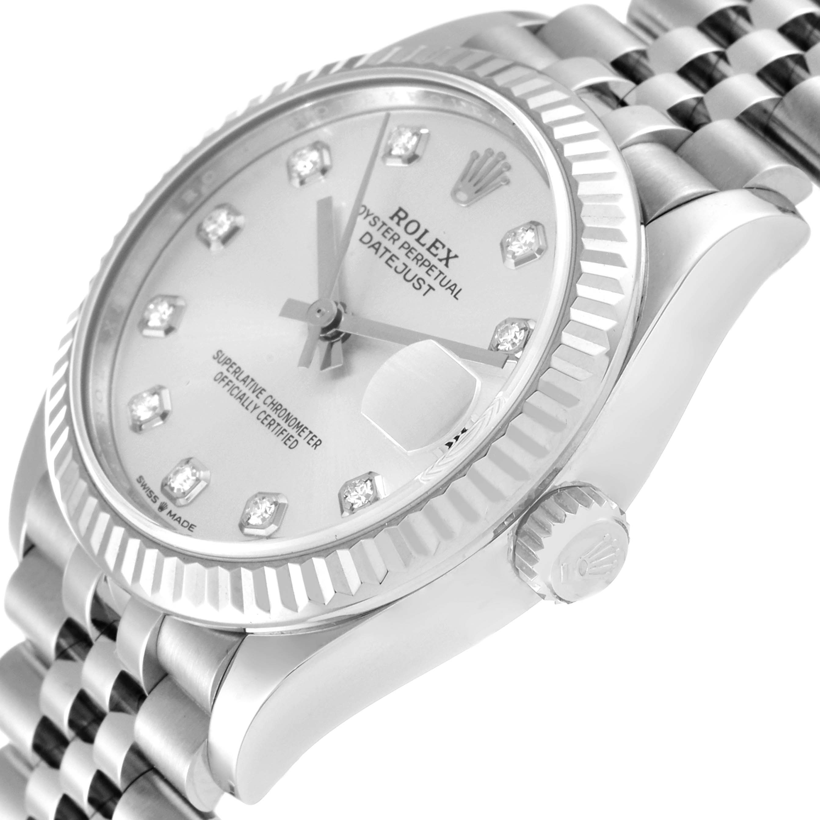 The Rolex Datejust 278274 Women's Stainless Steel Silver Dial 278274 Women's Stainless Steel Silver Dial watch is shown at a slight side angle, featuring the dial, bezel, crown, and part of the bracelet.