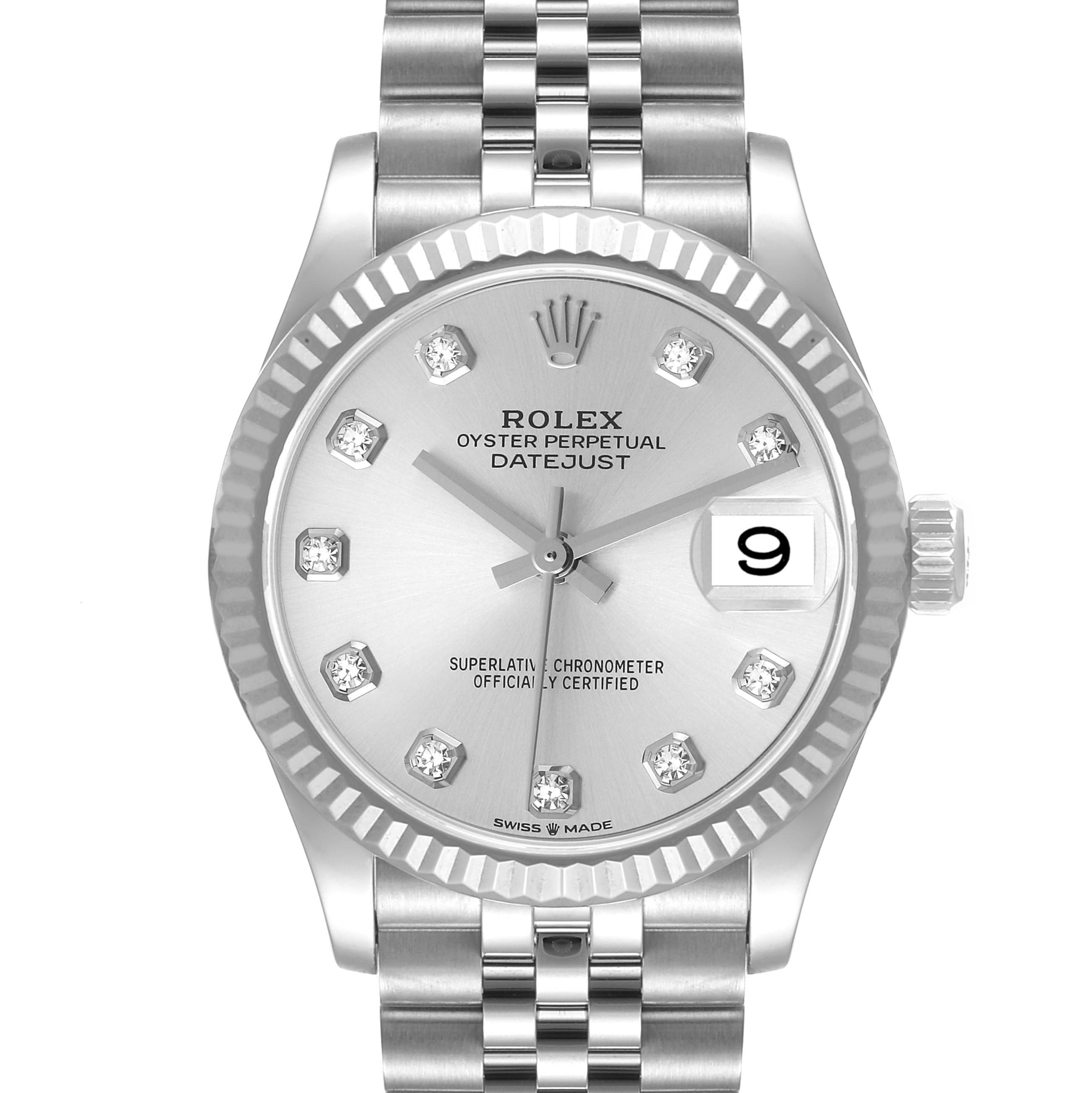 This image shows a front view of the Rolex Datejust 278274 Women's Stainless Steel Silver Dial 278274 Women's Stainless Steel Silver Dial watch, highlighting its silver dial, date window, and jubilee bracelet.