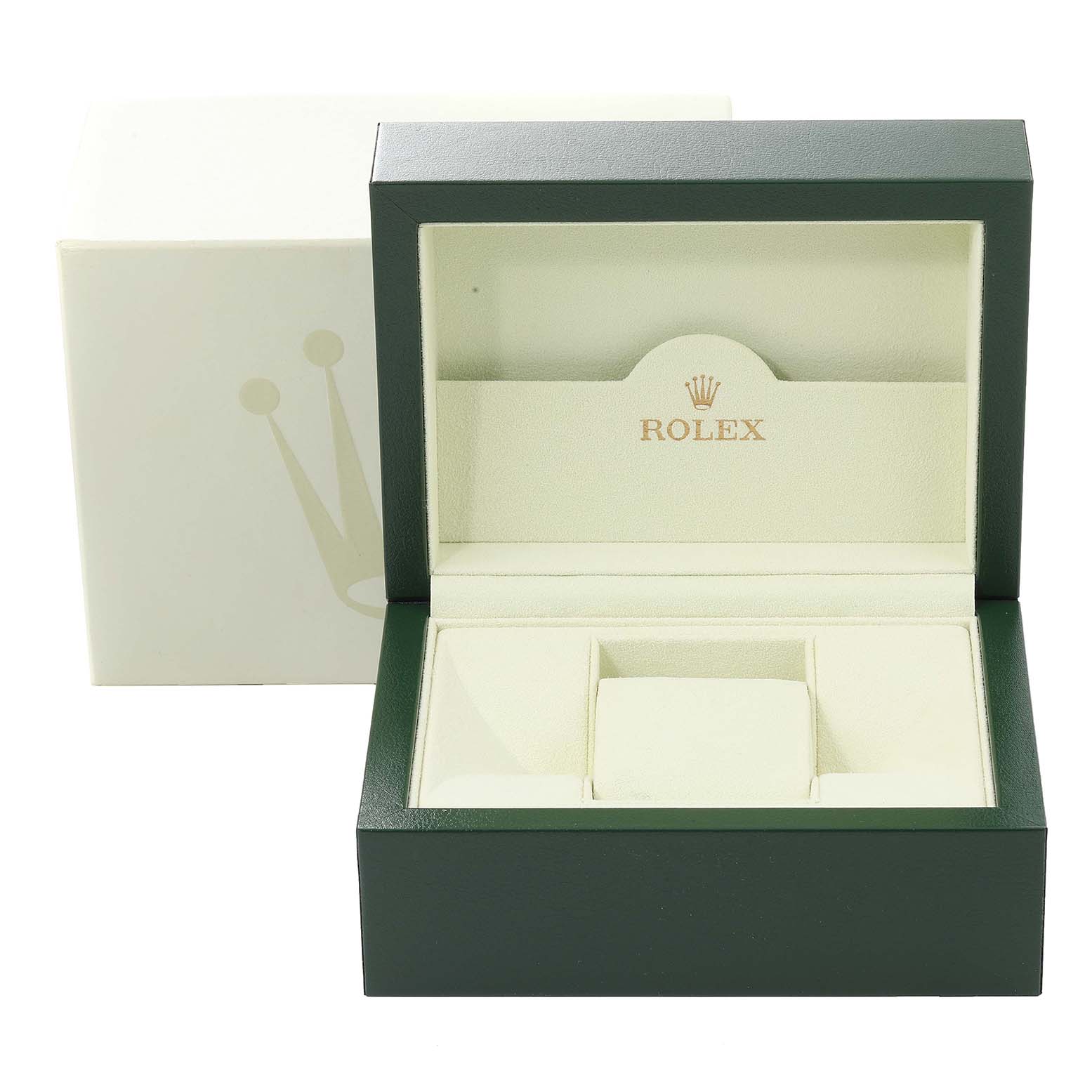 This image shows an open Rolex Datejust 278274 Women's Stainless Steel Silver Dial 278274 Women's Stainless Steel Silver Dial watch box, highlighting the interior compartments and cushion.