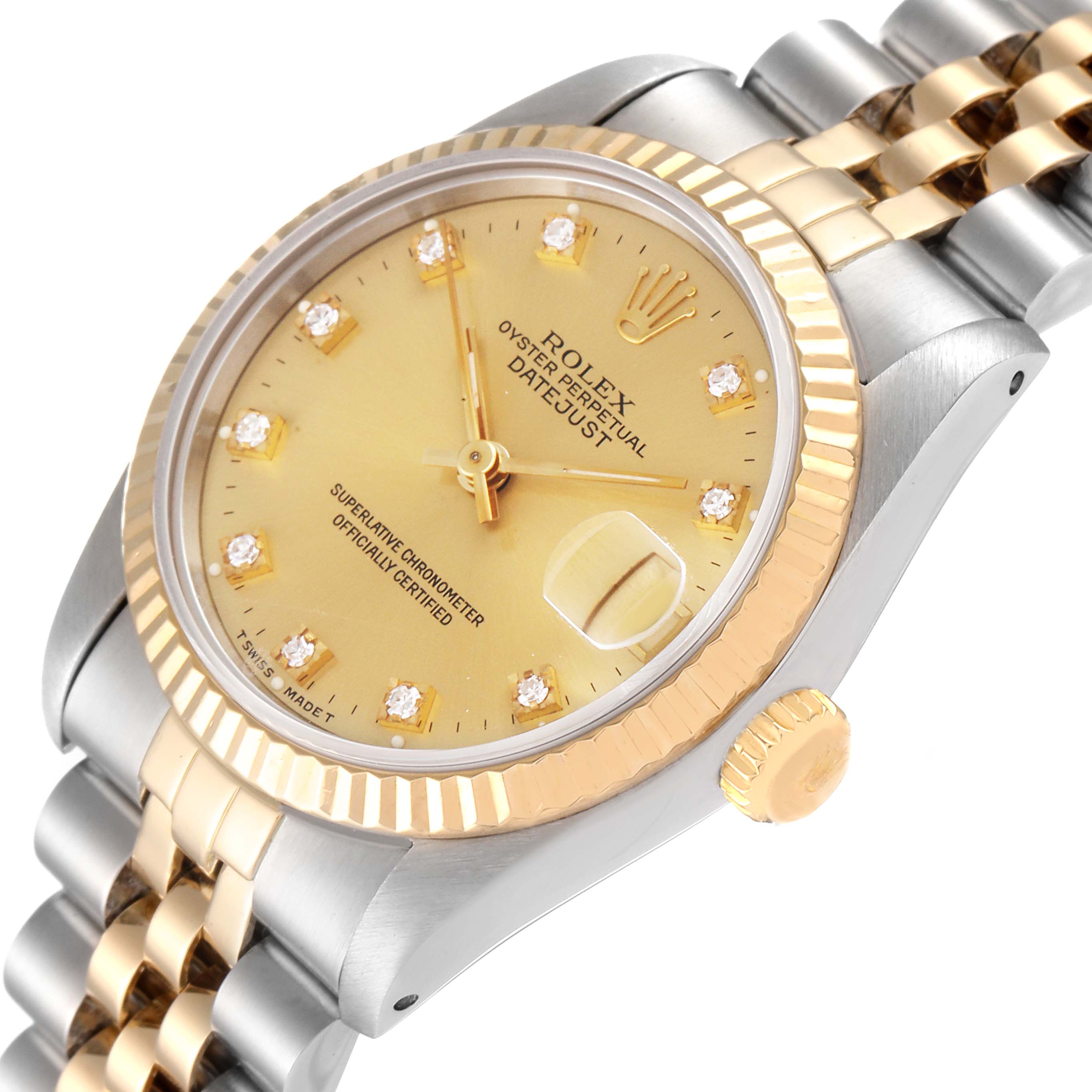 The Rolex Mid-Size 68273 Women's Steel and Gold (two tone) Champagne Dial 68273 Women's Steel and Gold (two tone) Champagne Dial Datejust watch is shown at an angled close-up, highlighting the dial, crown, and part of the bracelet.