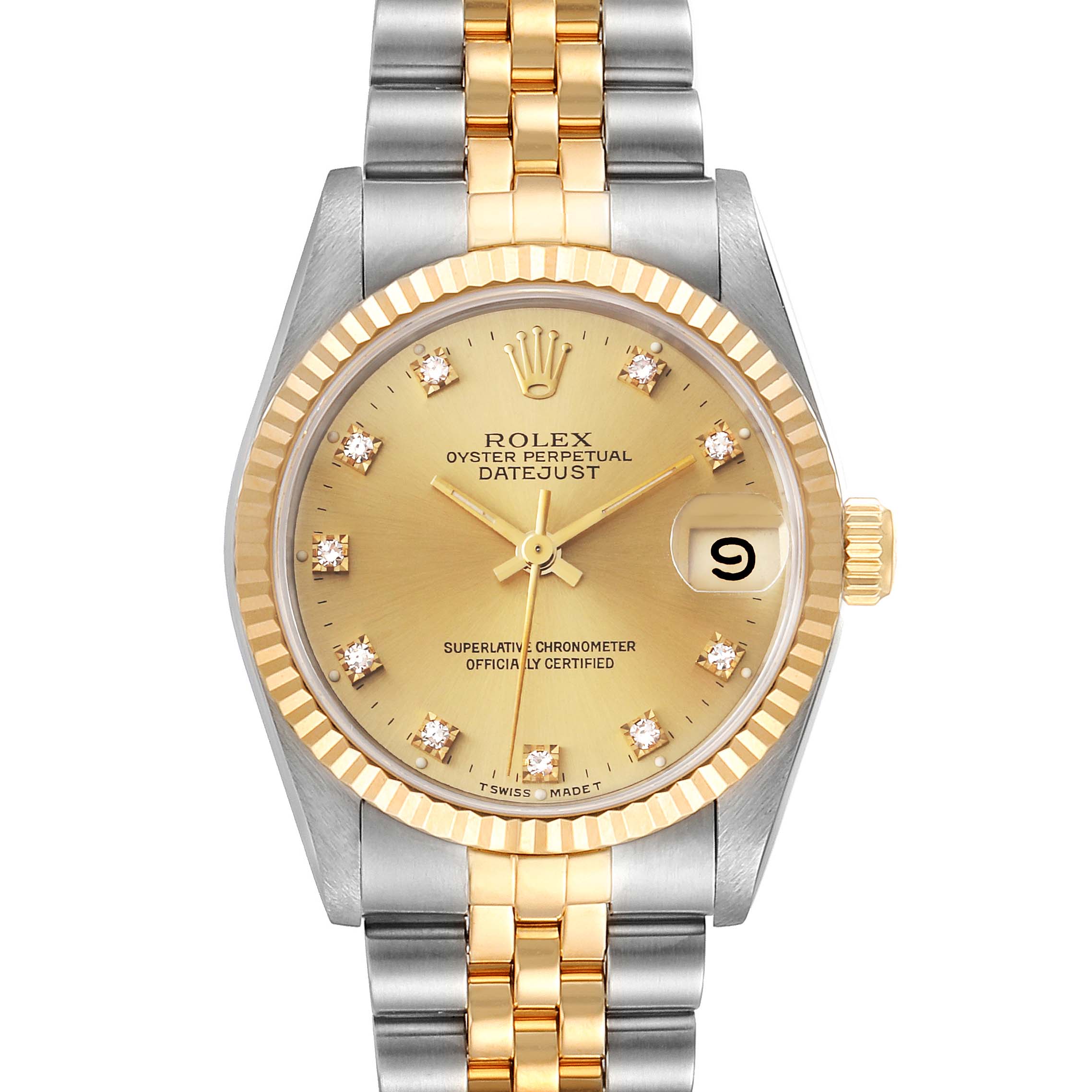 The Rolex Mid-Size 68273 Women's Steel and Gold (two tone) Champagne Dial 68273 Women's Steel and Gold (two tone) Champagne Dial Datejust watch is shown from a front angle, highlighting its dial, bezel, and bracelet.