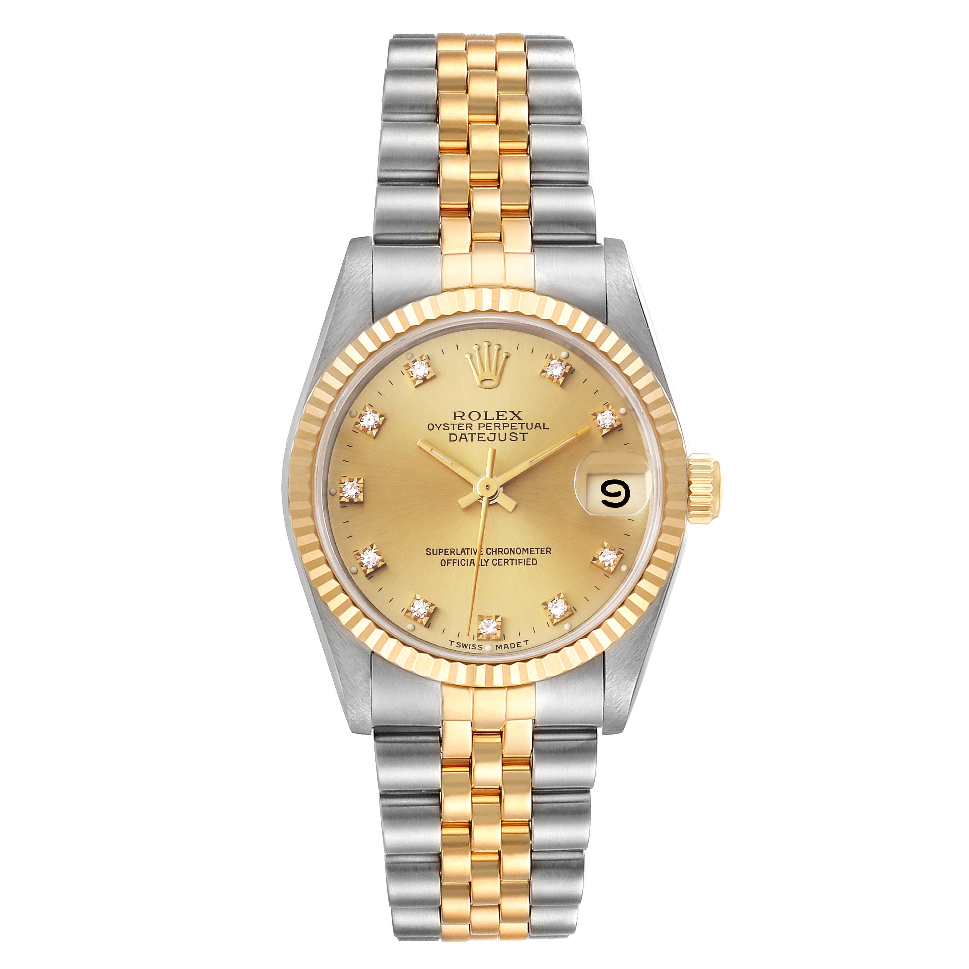 The Rolex Mid-Size 68273 Women's Steel and Gold (two tone) Champagne Dial 68273 Women's Steel and Gold (two tone) Champagne Dial model watch is shown in a front-facing view displaying its gold and silver two-tone band, dial, and fluted bezel.