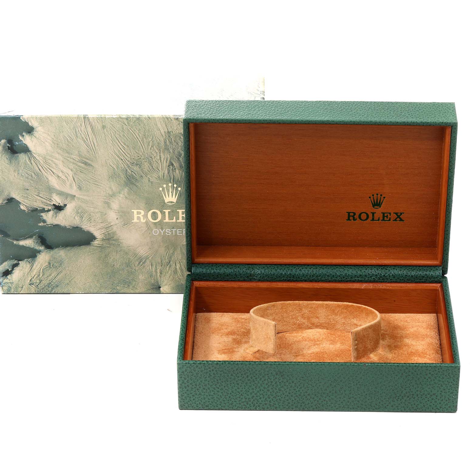 This image shows an open Rolex Mid-Size 68273 Women's Steel and Gold (two tone) Champagne Dial 68273 Women's Steel and Gold (two tone) Champagne Dial watch box with a greenish outer box, displaying the interior cushion and wooden finish.