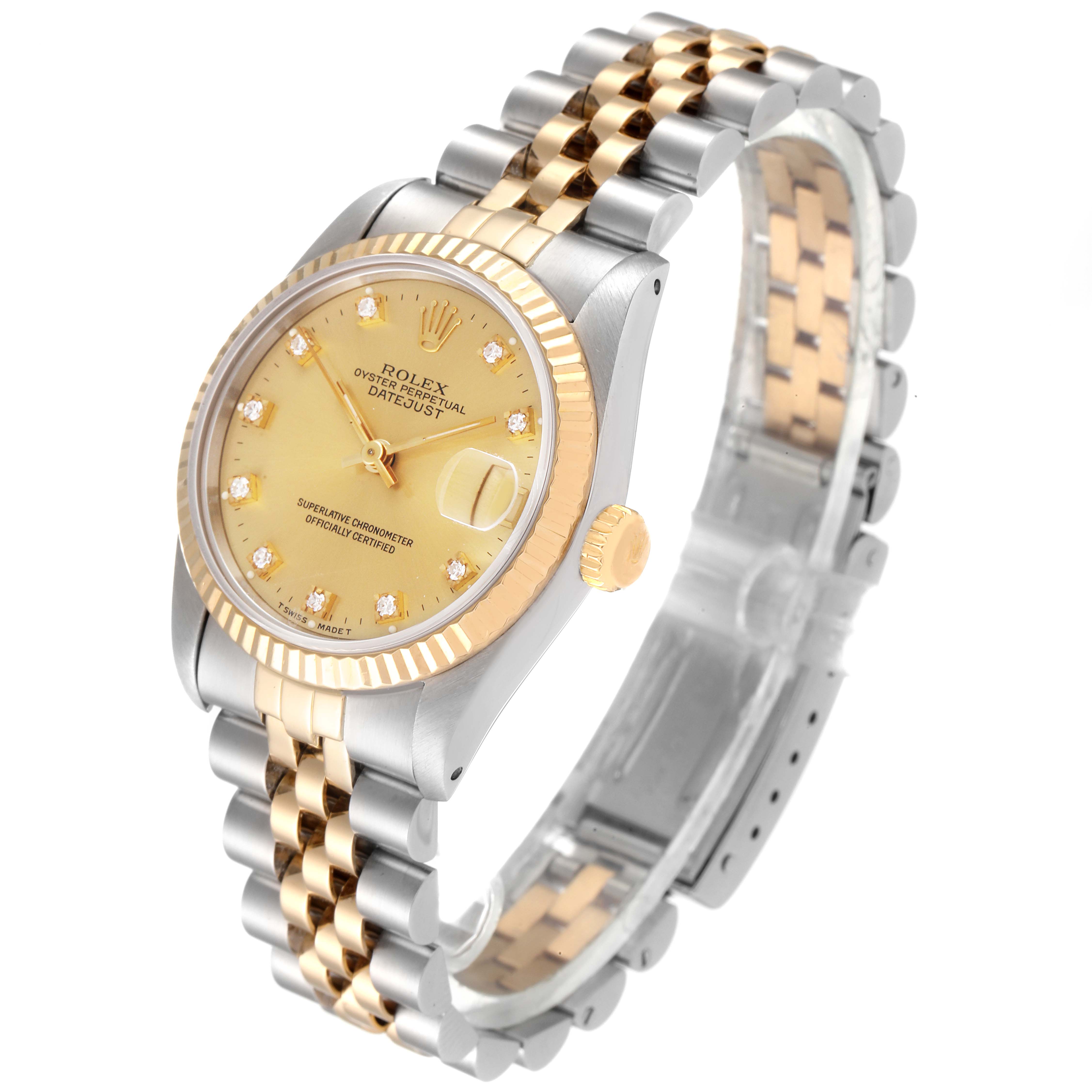 The Rolex Mid-Size 68273 Women's Steel and Gold (two tone) Champagne Dial 68273 Women's Steel and Gold (two tone) Champagne Dial Datejust watch is shown at an angled view, displaying its face, bezel, and jubilee bracelet.