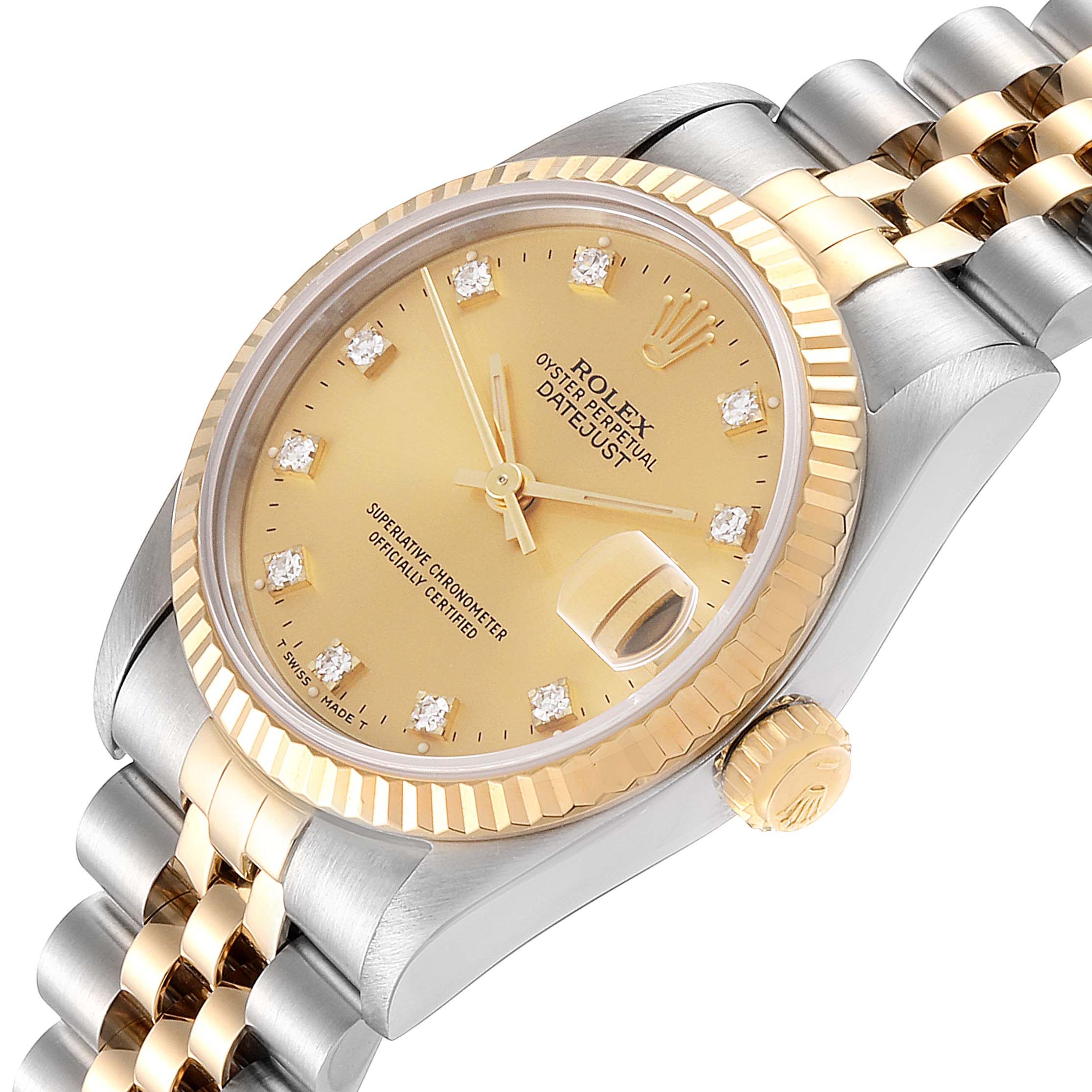 The image shows a Rolex Mid-Size 68273 Women's Steel and Gold (two tone) Champagne Dial 68273 Women's Steel and Gold (two tone) Champagne Dial Datejust watch from a tilted front angle, highlighting the dial, bezel, crown, and part of the bracelet.