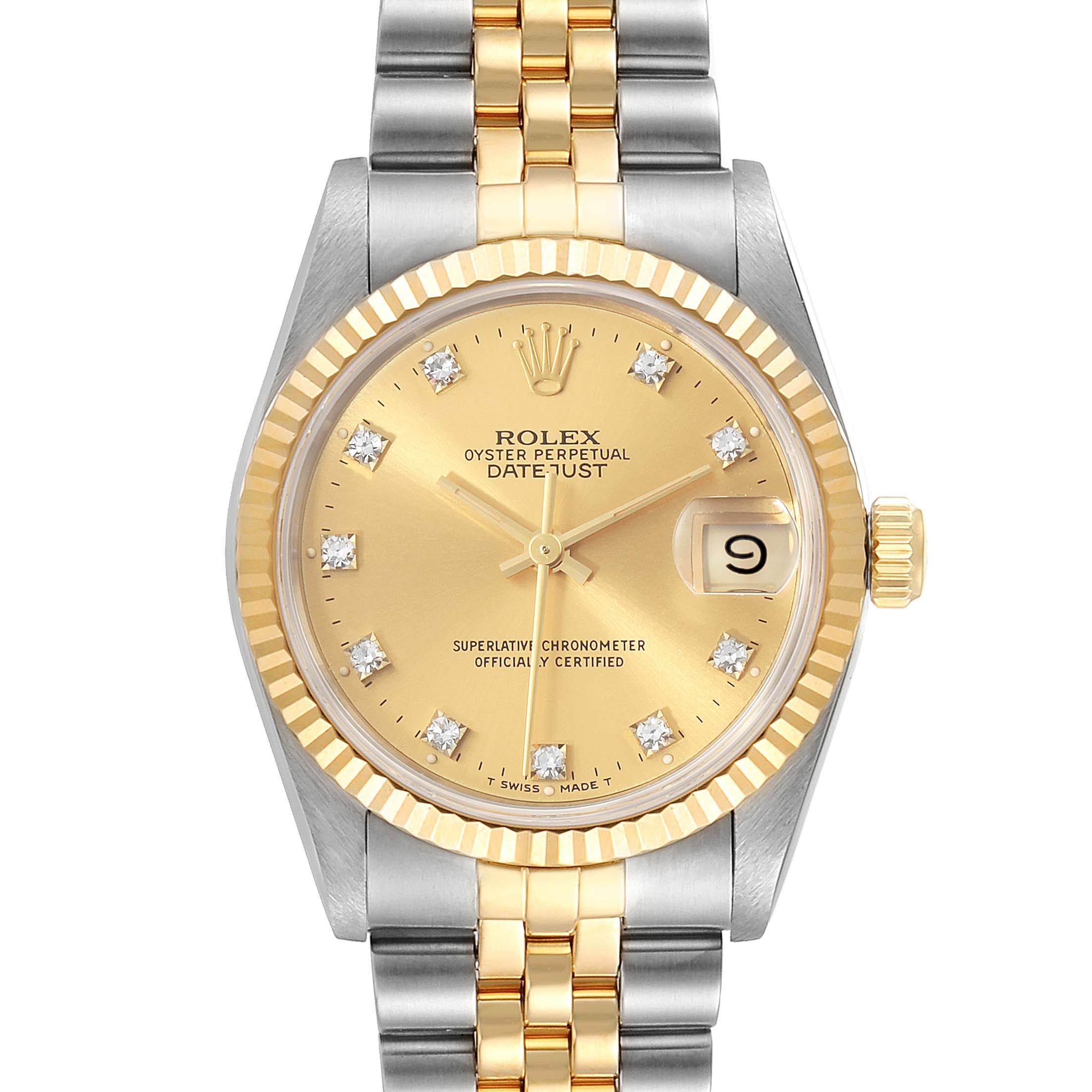 The image shows a Rolex Mid-Size 68273 Women's Steel and Gold (two tone) Champagne Dial 68273 Women's Steel and Gold (two tone) Champagne Dial Oyster Perpetual Datejust watch, viewed from the front with a gold and silver fluted bezel and jubilee bracelet.