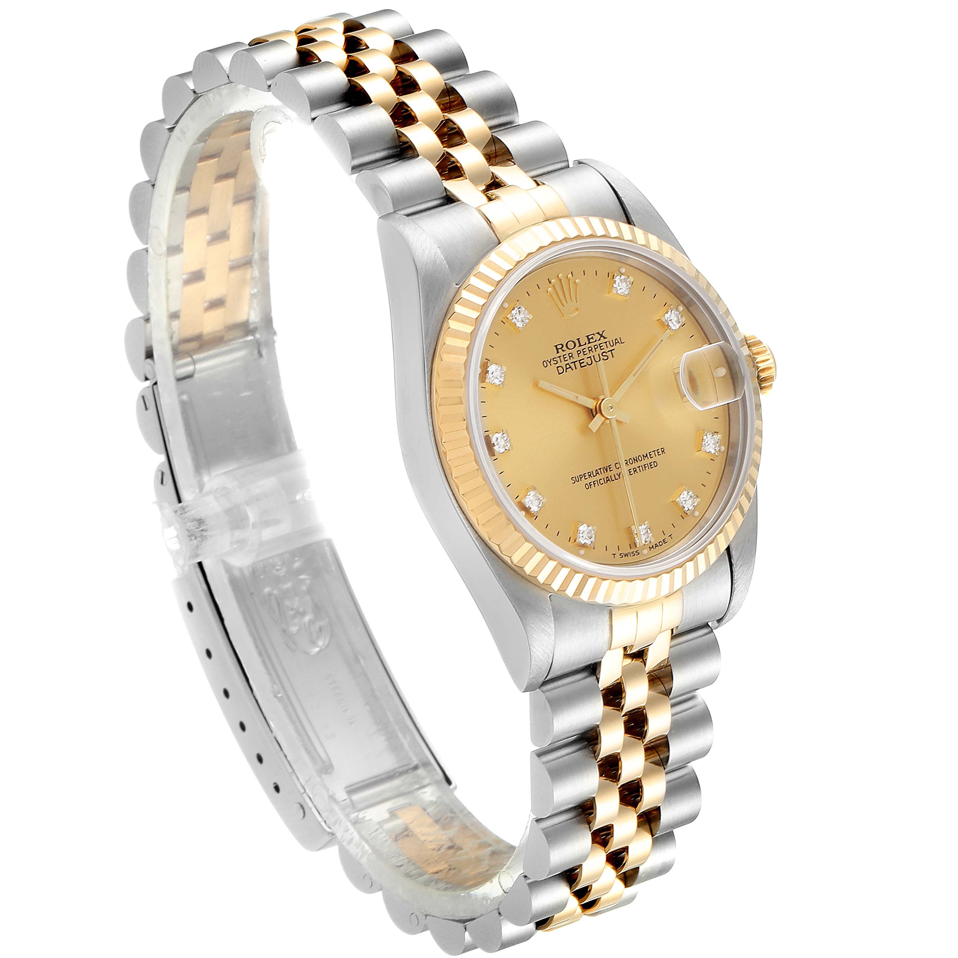 This Rolex Mid-Size 68273 Women's Steel and Gold (two tone) Champagne Dial 68273 Women's Steel and Gold (two tone) Champagne Dial watch is shown from an angle displaying the face, bezel, and partially open two-tone bracelet.