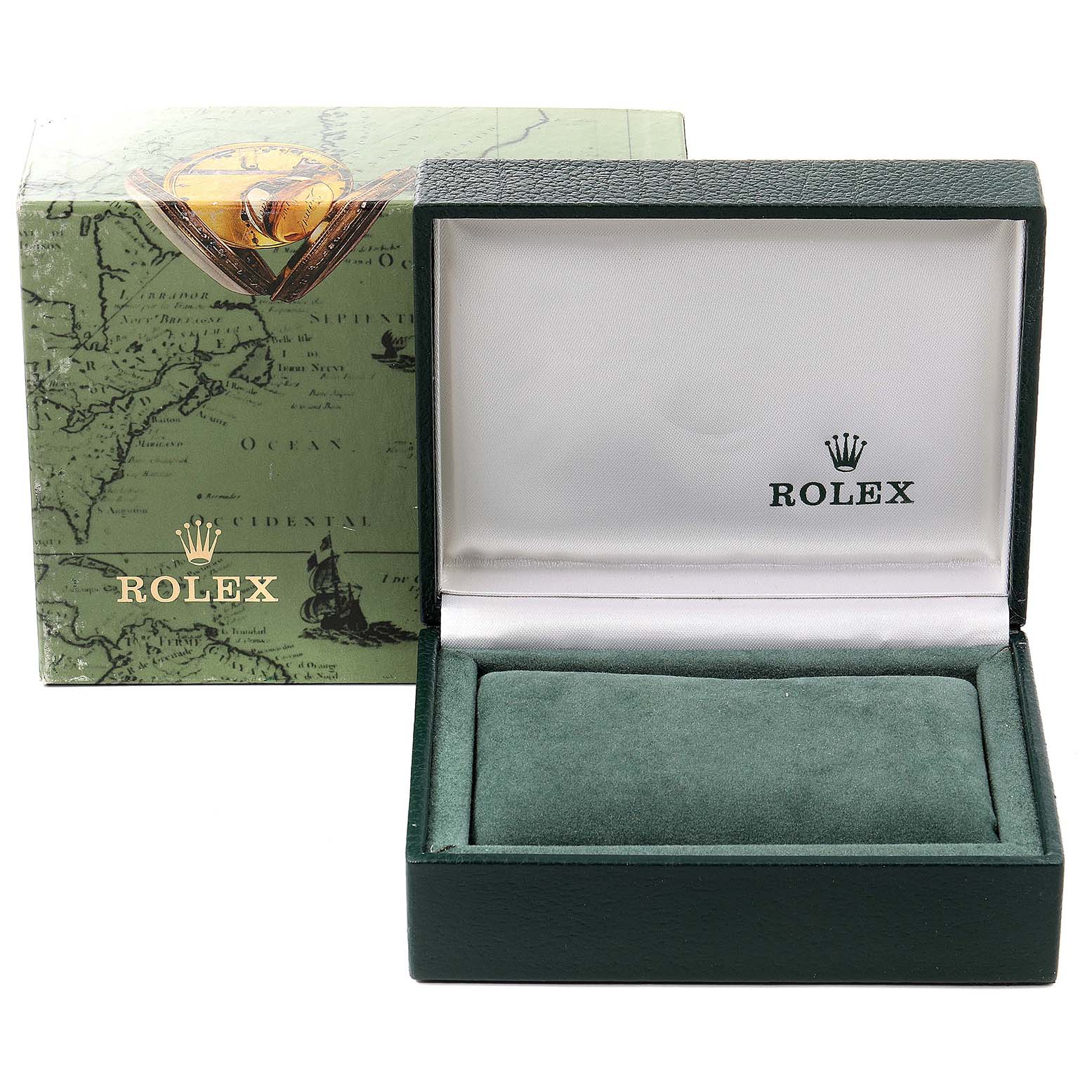 The image shows an empty Rolex Mid-Size 68273 Women's Steel and Gold (two tone) Champagne Dial 68273 Women's Steel and Gold (two tone) Champagne Dial watch box and its green outer packaging.