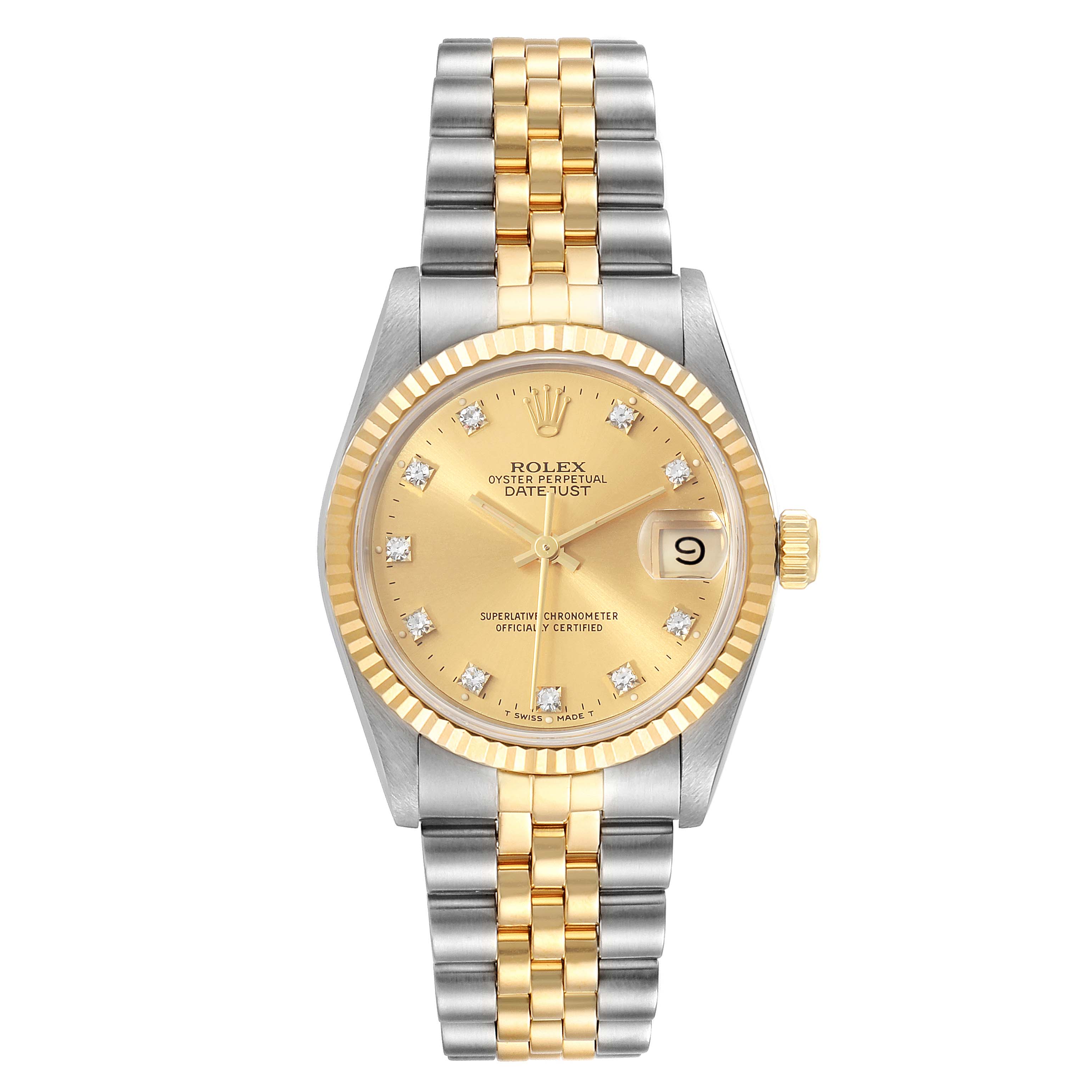 The image shows a front view of the Rolex Oyster Perpetual Datejust Mid-Size model, featuring a gold and silver two-tone bracelet.