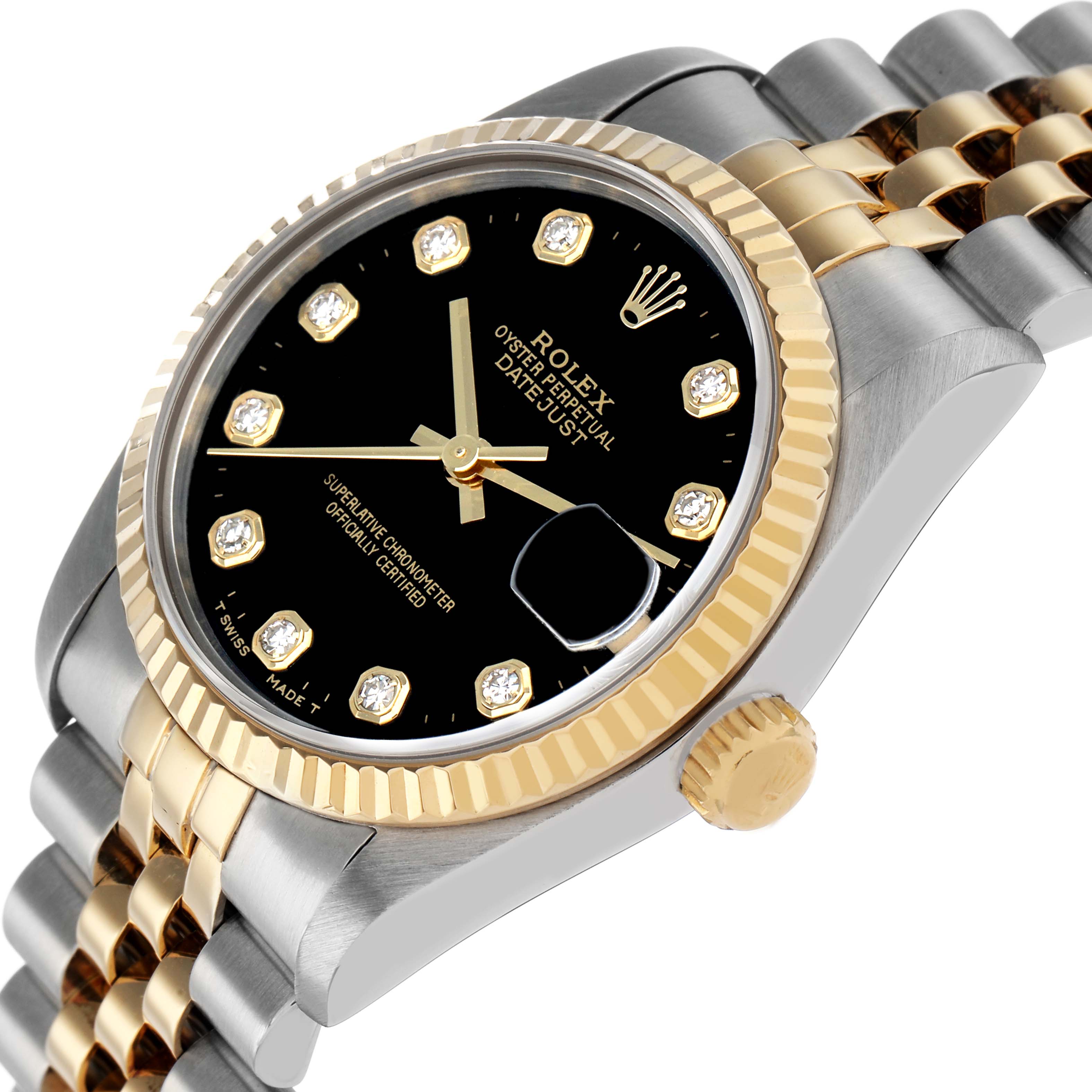The Rolex Datejust 68273 Women's Stainless Steel Black Dial watch is shown at an angle highlighting its bezel, dial, crown, and part of the bracelet.