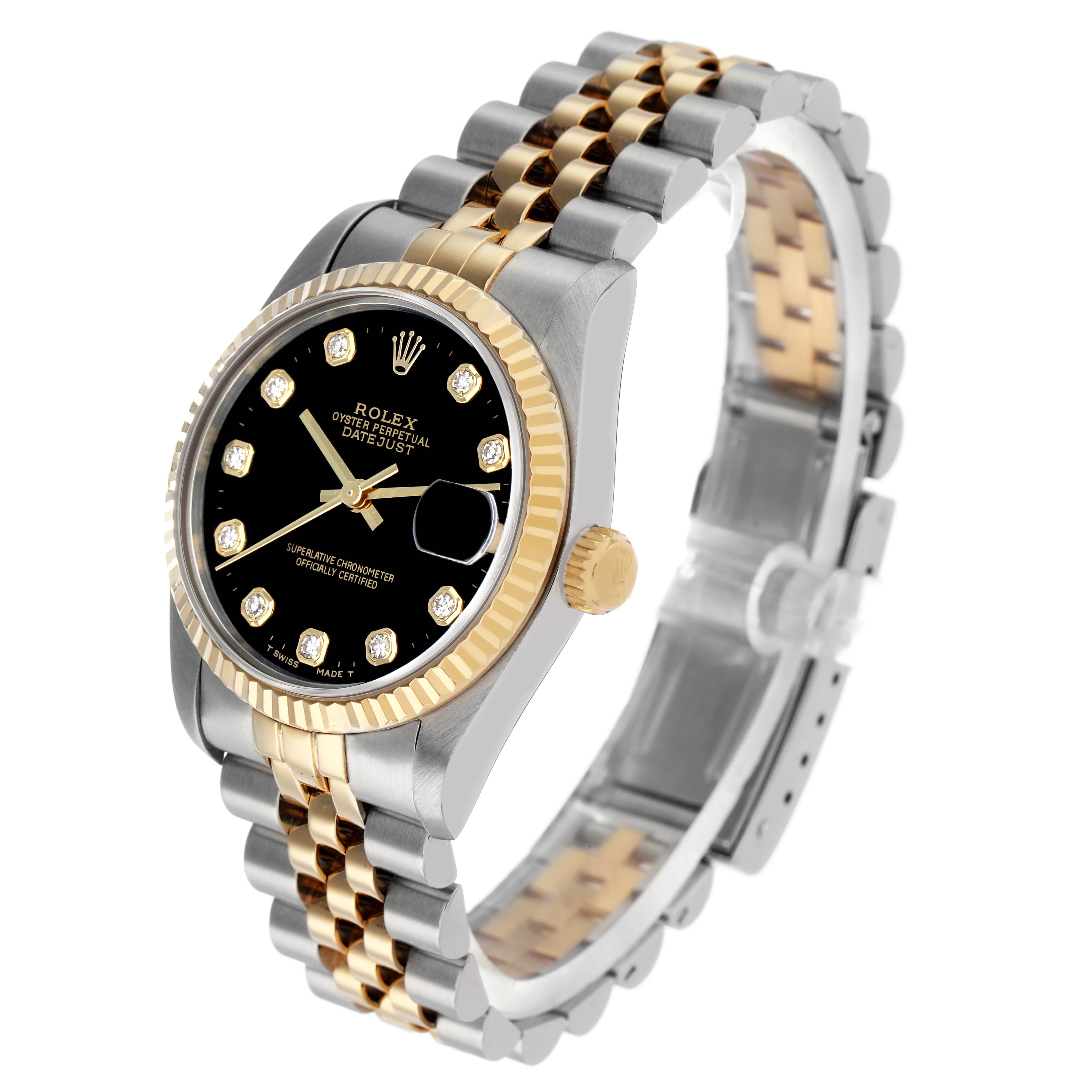 The Rolex Datejust 68273 Women's Stainless Steel Black Dial watch is shown at an angled view, displaying the face, bezel, crown, and bracelet.