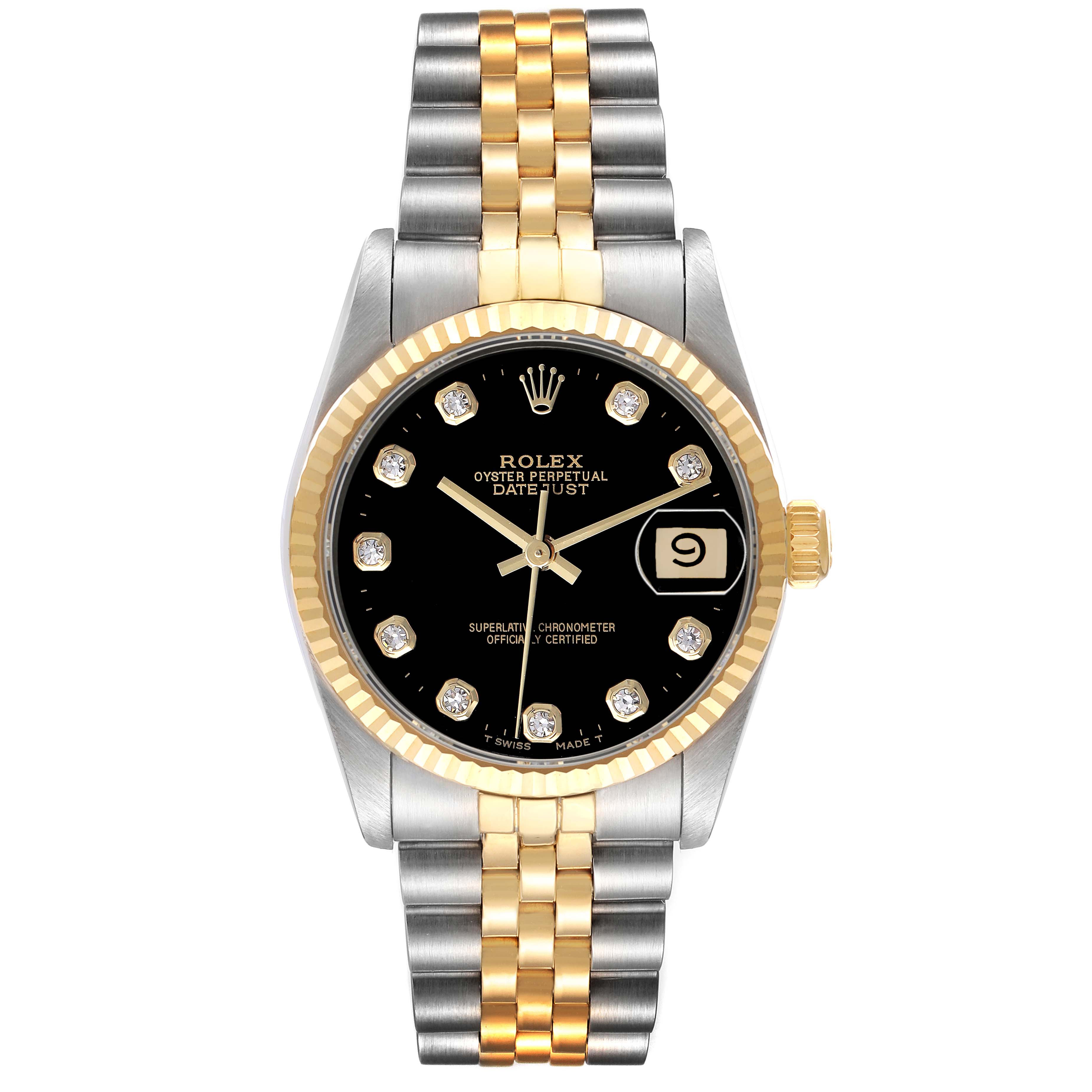 The Rolex Datejust 68273 Women's Stainless Steel Black Dial watch is shown from the front, highlighting its gold and silver bracelet, black dial, and date feature.
