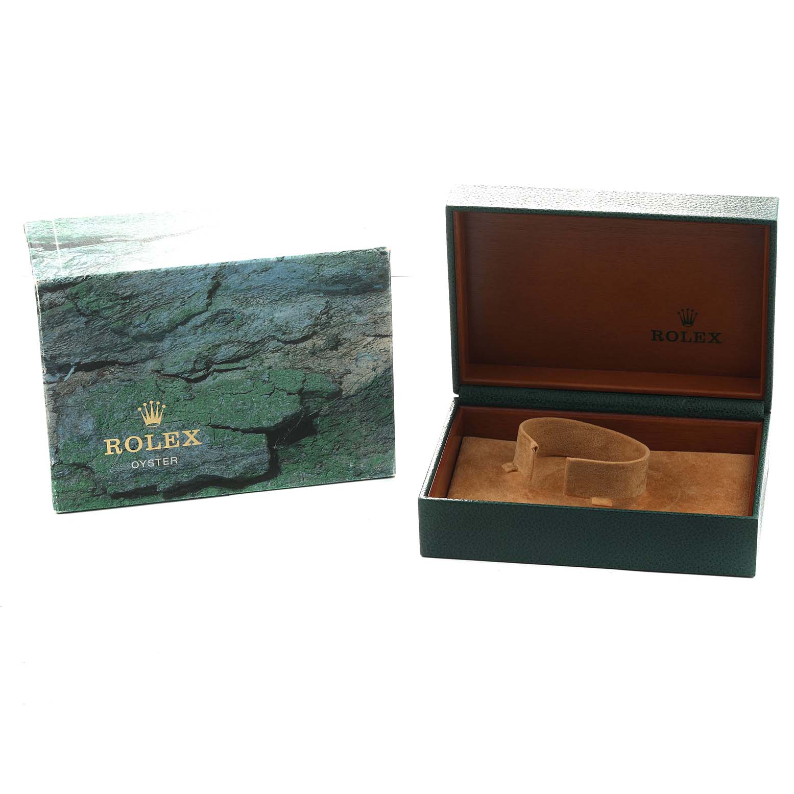 The image shows the open and closed boxes for a Rolex Datejust 68273 Women's Stainless Steel Black Dial watch, highlighting the watch pillow and interior.