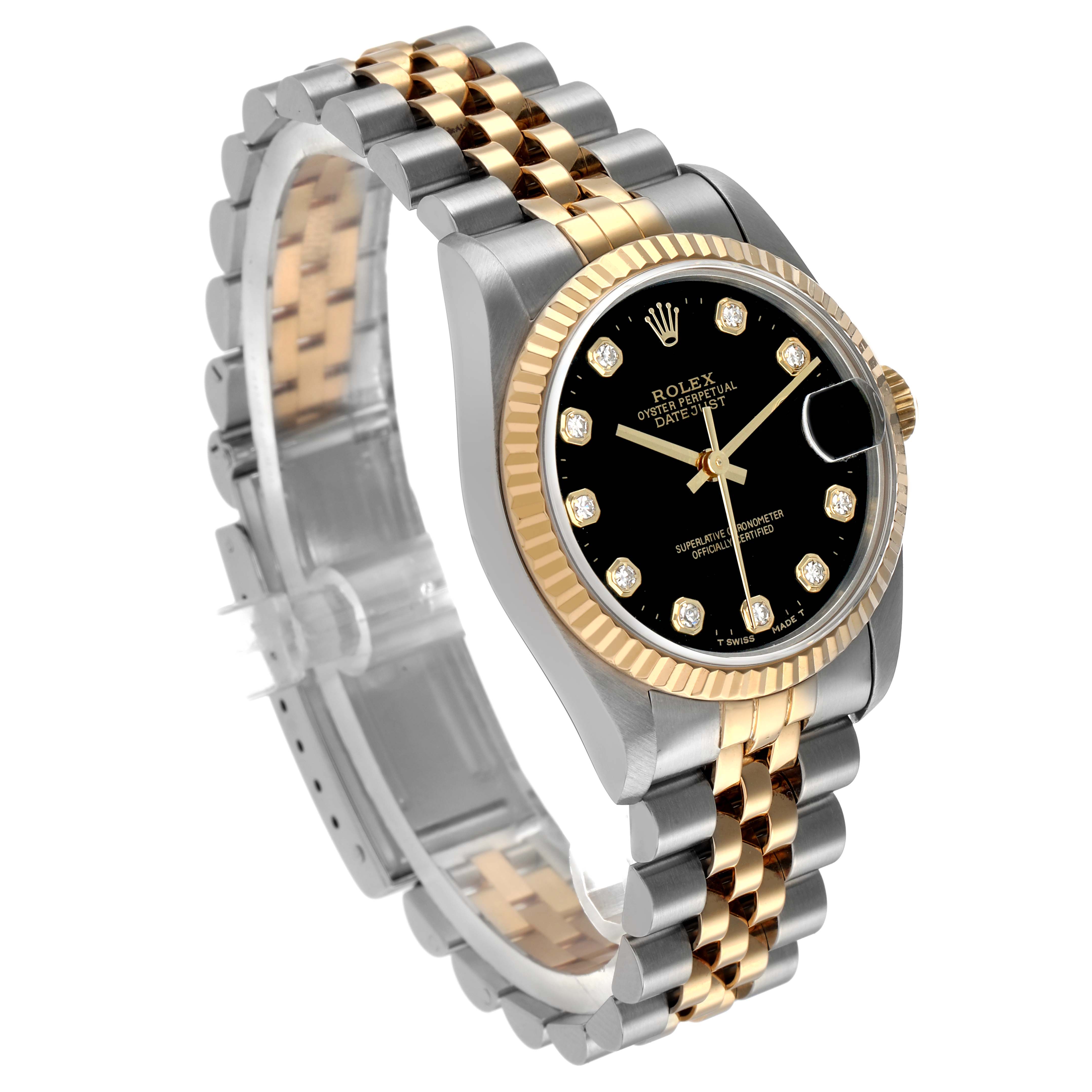 The Rolex Datejust 68273 Women's Stainless Steel Black Dial is shown at a three-quarter angle, displaying the dial, fluted bezel, and two-tone Jubilee bracelet.