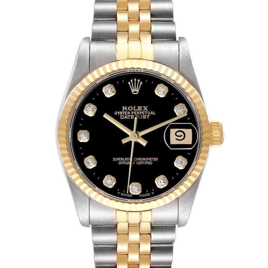 The Rolex Datejust 68273 Women's Stainless Steel Black Dial watch is shown from a front angle, displaying the dial, bezel, and bracelet clearly.