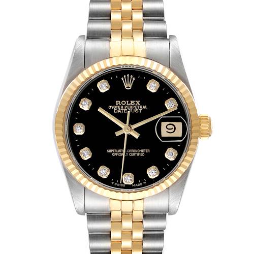 The Rolex Datejust 68273 Women's Stainless Steel Black Dial watch is shown from a front view, highlighting the black dial, gold bezel, and two-tone bracelet.