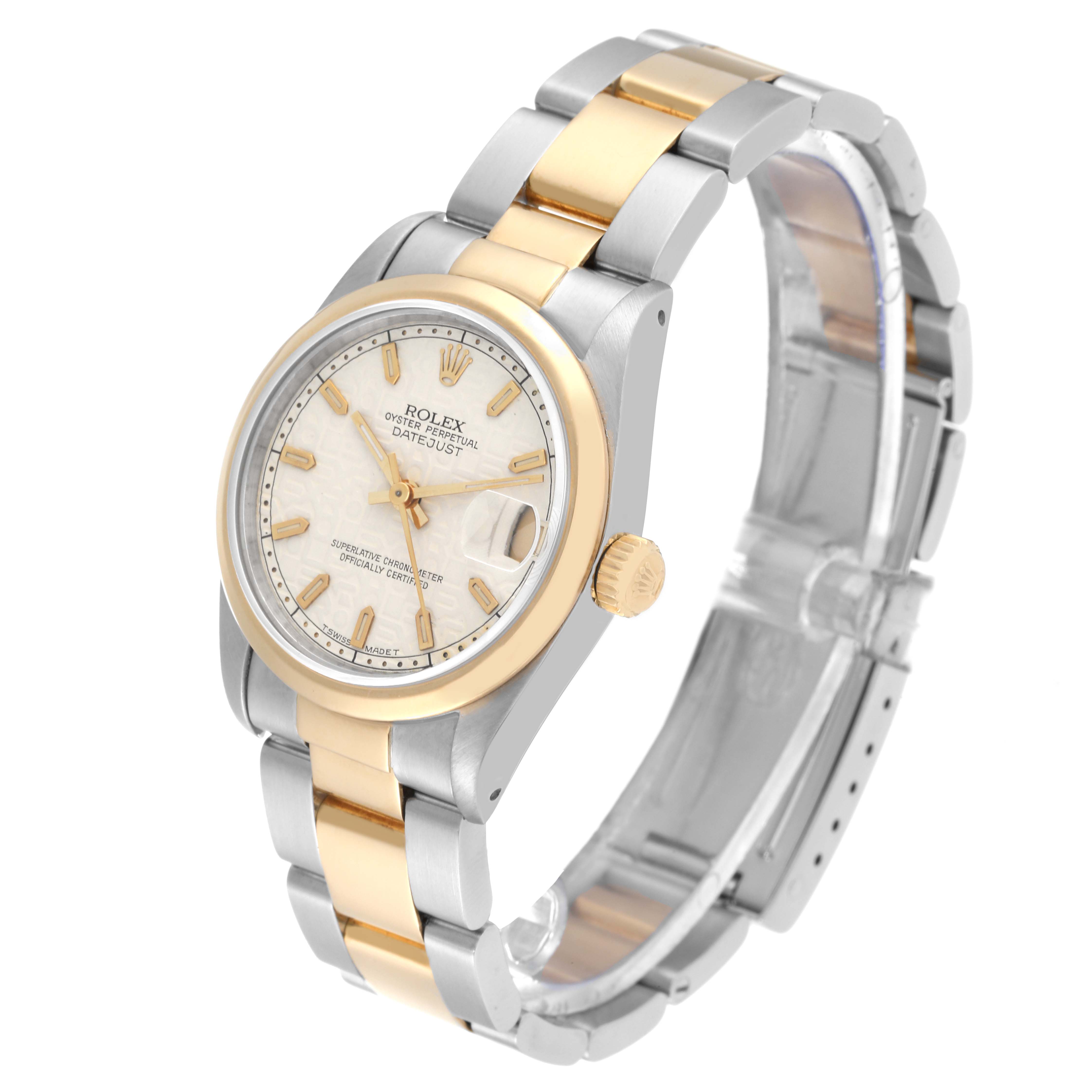 This image shows a side and front angle of a Rolex Mid-Size 68243 Women's Steel and Gold (two tone) Beige Dial 68243 Women's Steel and Gold (two tone) Beige Dial Datejust watch, highlighting its two-tone band and dial.