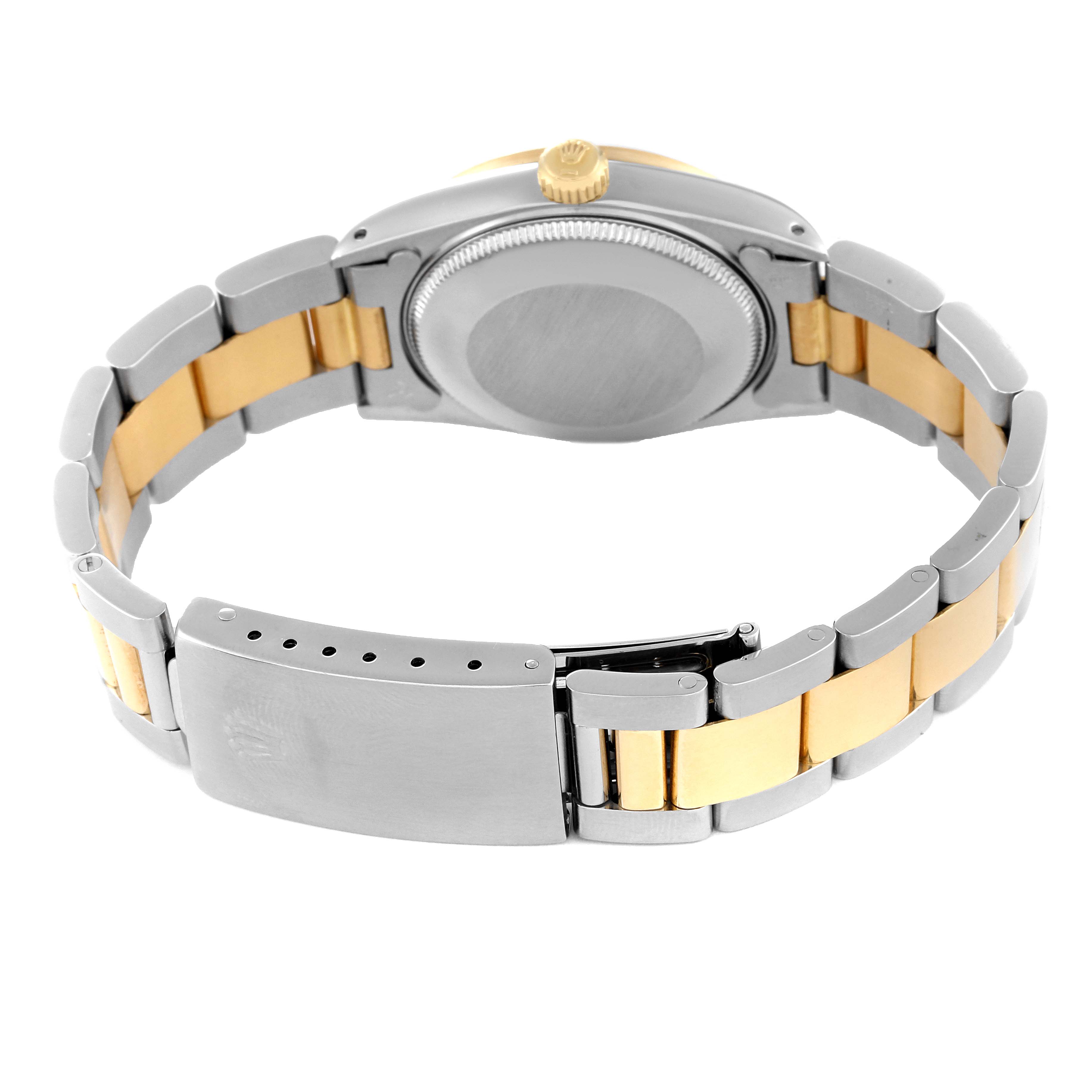 This image shows the back view of a Rolex Mid-Size 68243 Women's Steel and Gold (two tone) Beige Dial 68243 Women's Steel and Gold (two tone) Beige Dial model watch, highlighting its two-tone metal bracelet and clasp.