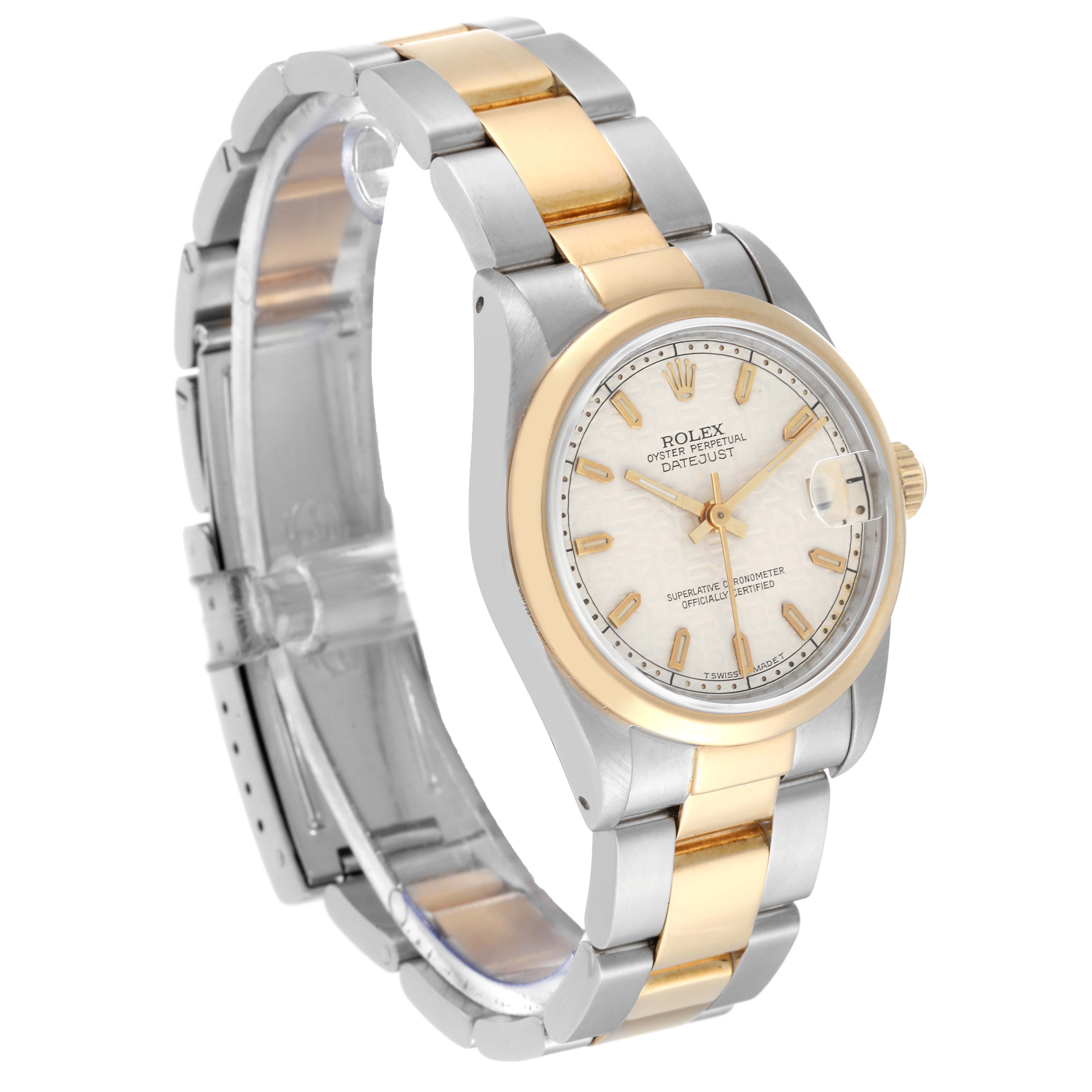 The Rolex Mid-Size 68243 Women's Steel and Gold (two tone) Beige Dial 68243 Women's Steel and Gold (two tone) Beige Dial model watch is shown from a front-side angle, displaying the face, bezel, and bracelet link.