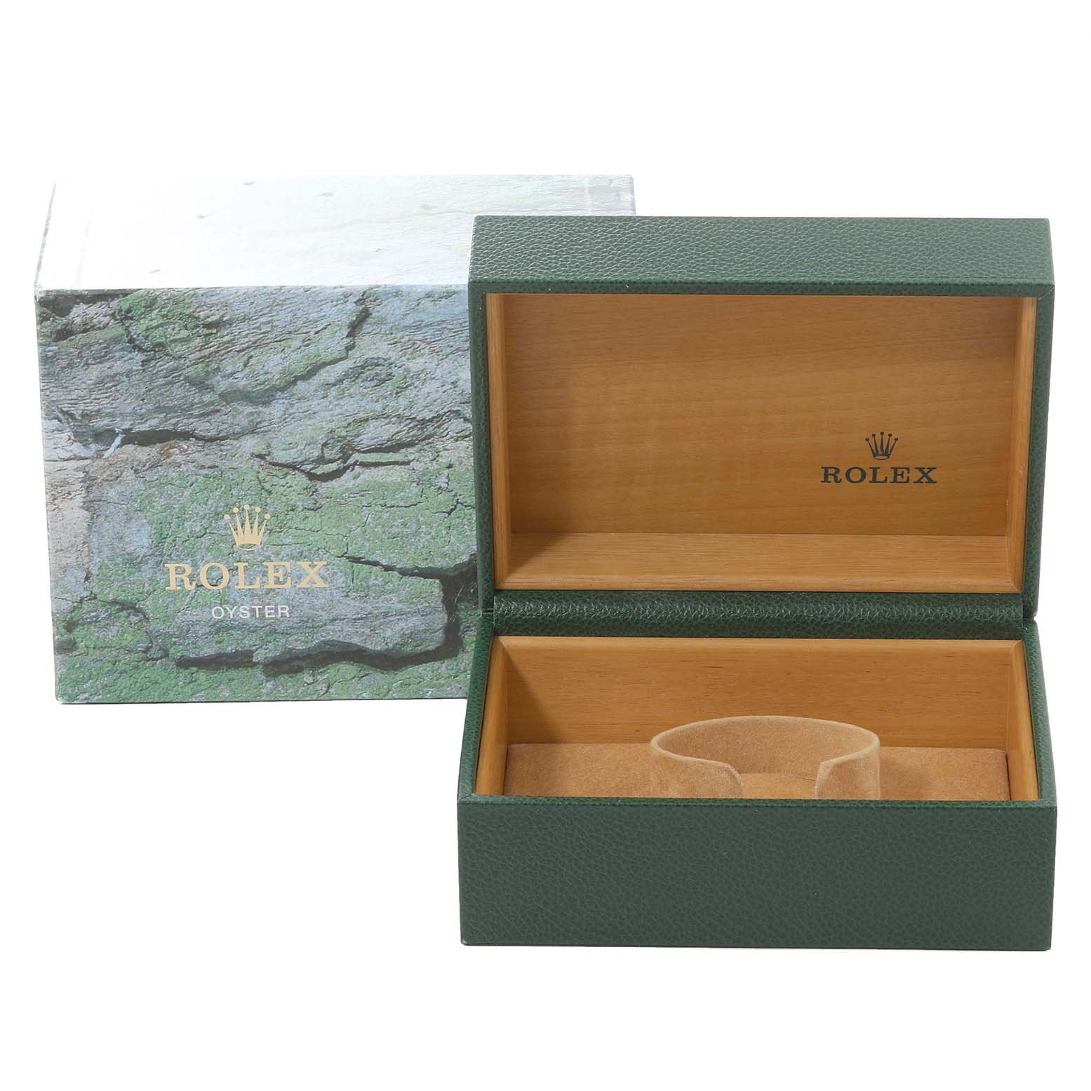 The image shows a green Rolex Oyster watch box and an inner wooden presentation box for the Mid-Size model by Rolex, viewed from the front.