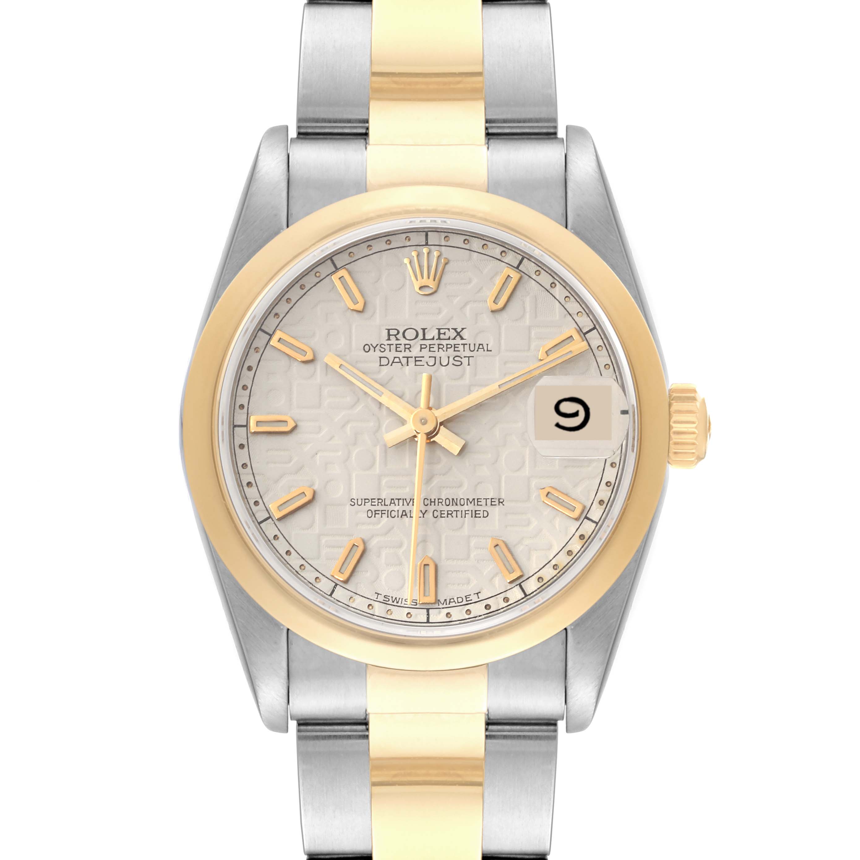 The image shows a front view of a Rolex Mid-Size 68243 Women's Steel and Gold (two tone) Beige Dial 68243 Women's Steel and Gold (two tone) Beige Dial Datejust watch with a two-tone bracelet and gold bezel.