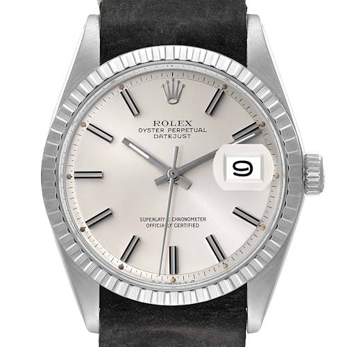 Photo of Rolex Datejust Silver Sigma Dial Grey Leather Strap Vintage Mens Watch 1603