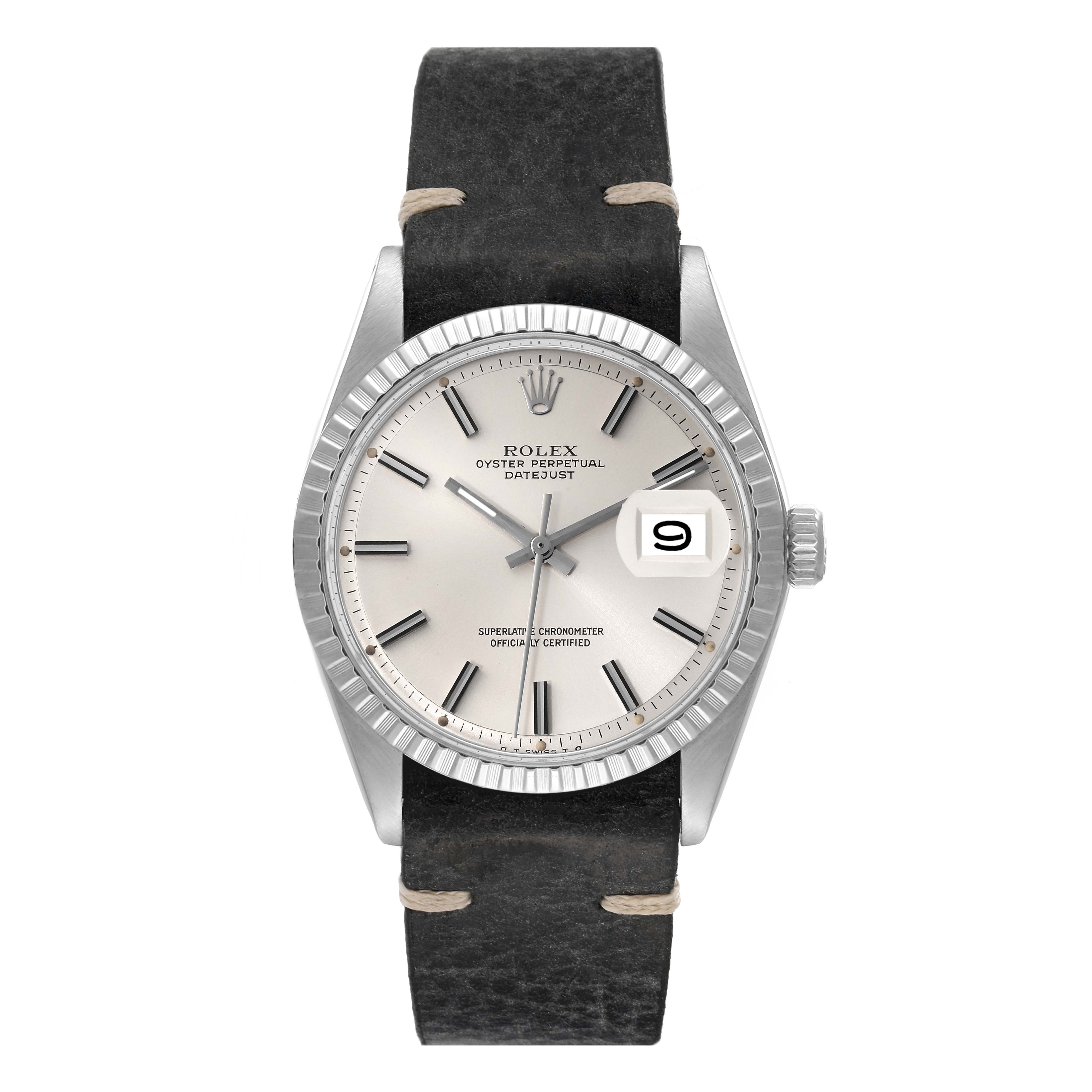 The image shows a front view of the Rolex Vintage Collection 1603 Men
s Stainless Steel Silver Dial 1603 Men
s Stainless Steel Silver Dial Oyster Perpetual Datejust watch with a black leather strap.