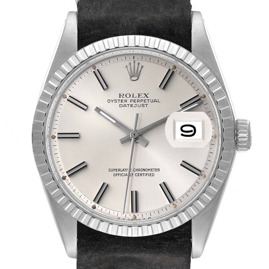 Rolex Datejust Silver Sigma Dial Grey Leather Strap Vintage Mens Watch 1603 SwissWatchExpo