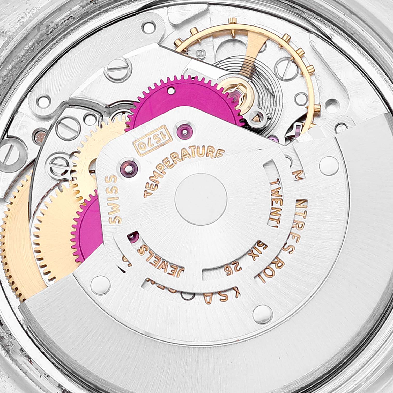 This image shows a close-up of the internal mechanics and gears of the Rolex Vintage Collection 1603 Men
s Stainless Steel Silver Dial 1603 Men
s Stainless Steel Silver Dial model watch.