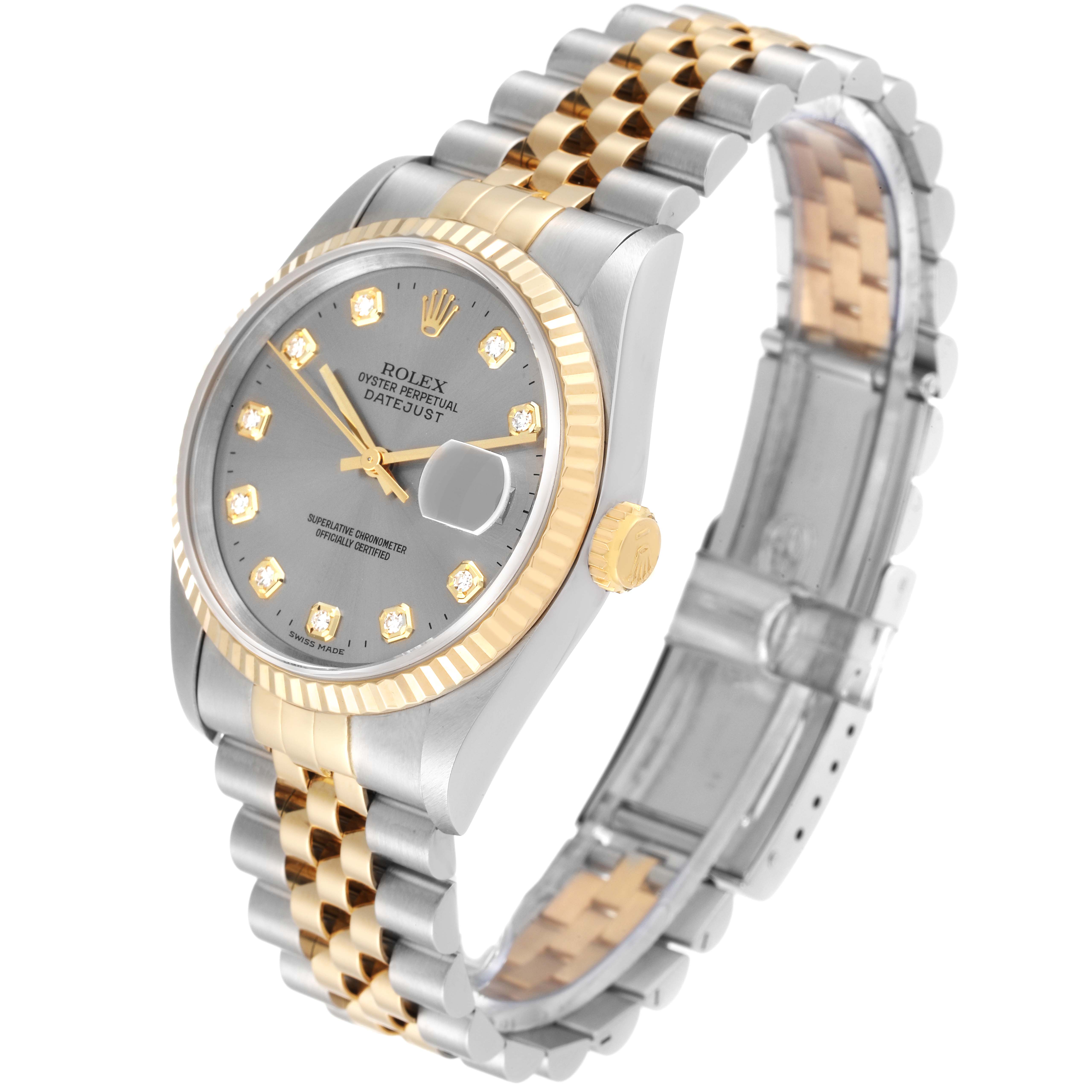 This image shows a Rolex Datejust 16233 Men's Steel and Gold (two tone) Grey Dial 16233 Men's Steel and Gold (two tone) Grey Dial watch from a three-quarter angle, highlighting the dial, bezel, crown, and two-tone bracelet.