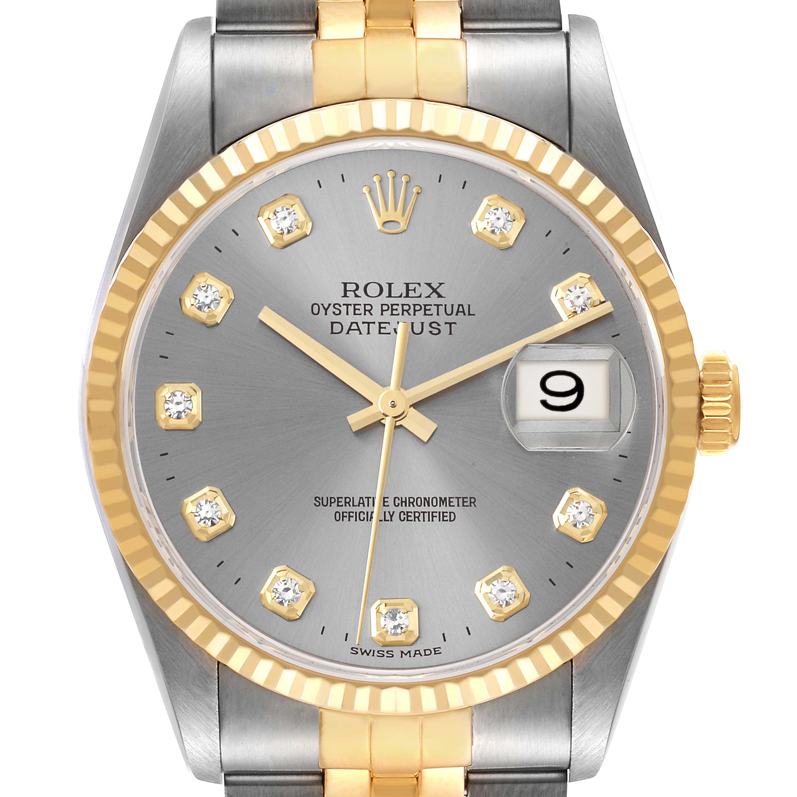 This image shows a front view of a Rolex Datejust 16233 Men's Steel and Gold (two tone) Grey Dial 16233 Men's Steel and Gold (two tone) Grey Dial watch, highlighting the dial, bezel, hands, crown, and part of the bracelet.