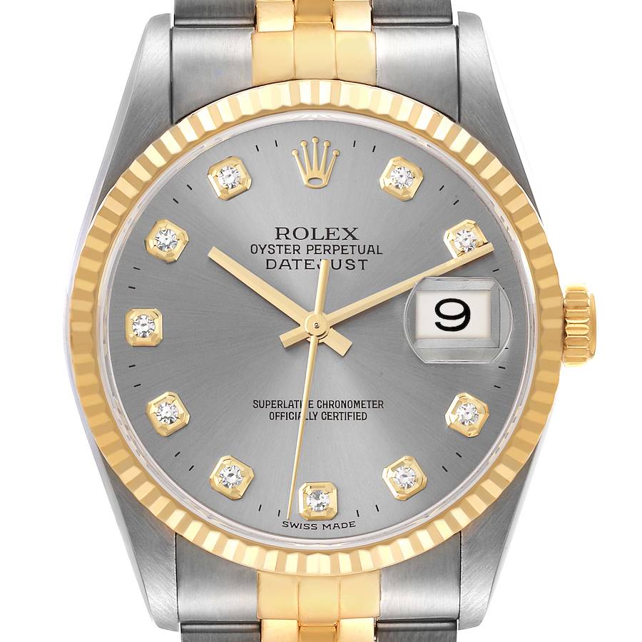 Rolex Datejust Slate Grey Diamond Dial Steel Yellow Gold Mens Watch 16233 SwissWatchExpo