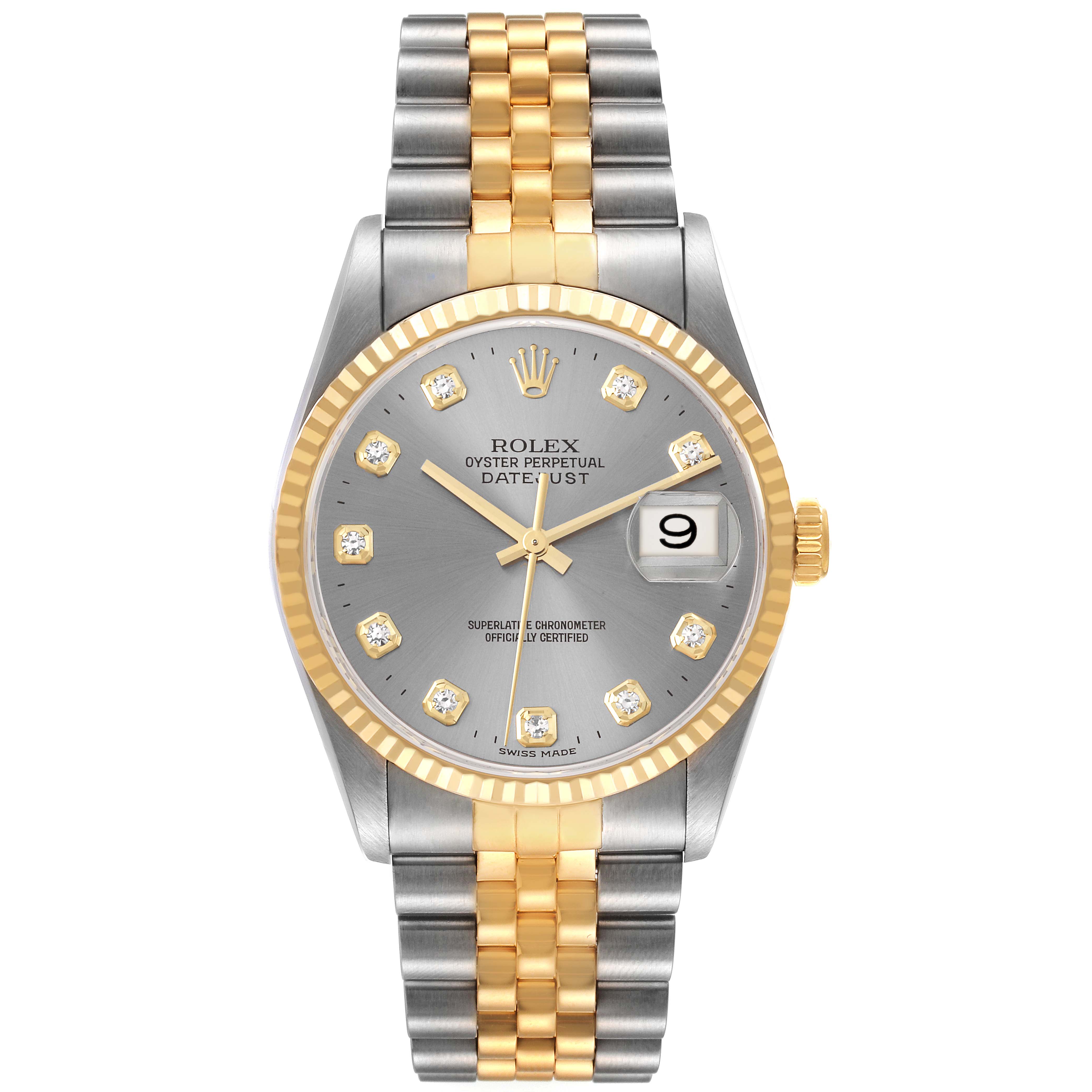 The image shows a Rolex Datejust 16233 Men's Steel and Gold (two tone) Grey Dial 16233 Men's Steel and Gold (two tone) Grey Dial watch from a front view, featuring the dial, bezel, and bracelet.