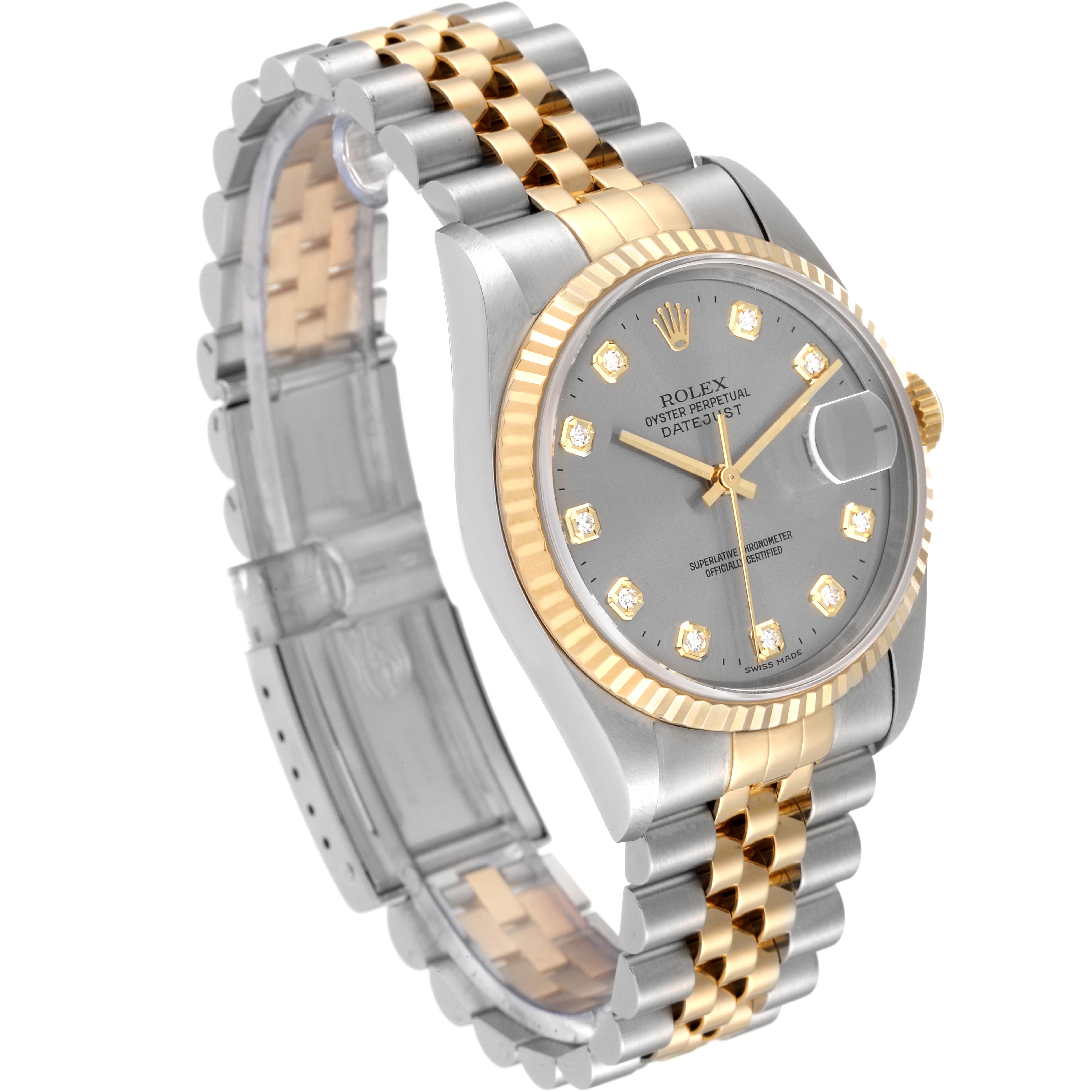 This image shows a side view of a Rolex Datejust 16233 Men's Steel and Gold (two tone) Grey Dial 16233 Men's Steel and Gold (two tone) Grey Dial watch, highlighting its two-tone bracelet, grey dial, and fluted bezel.