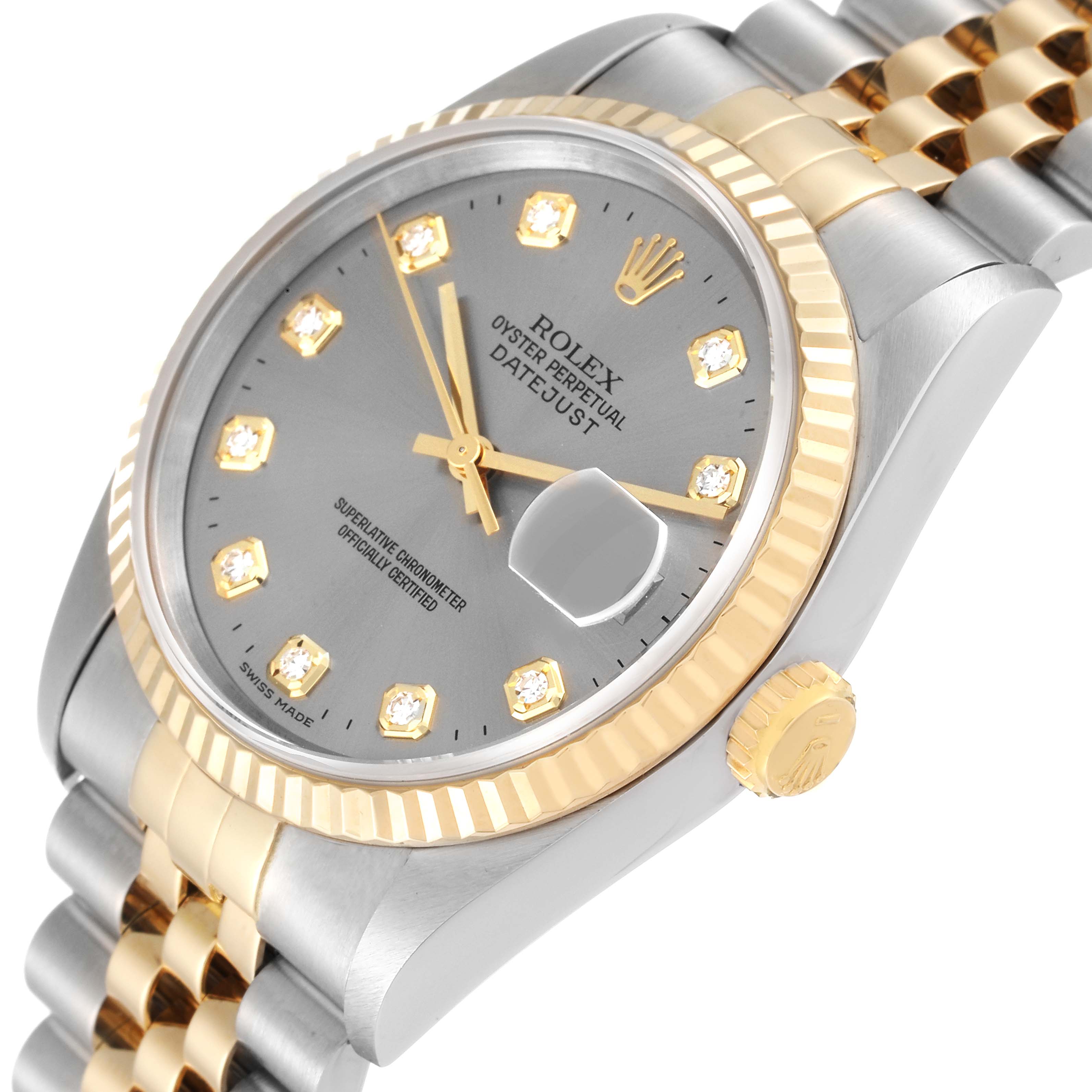 The Rolex Datejust 16233 Men's Steel and Gold (two tone) Grey Dial 16233 Men's Steel and Gold (two tone) Grey Dial watch is shown at a slight side angle, highlighting its face, crown, and part of the two-tone bracelet.
