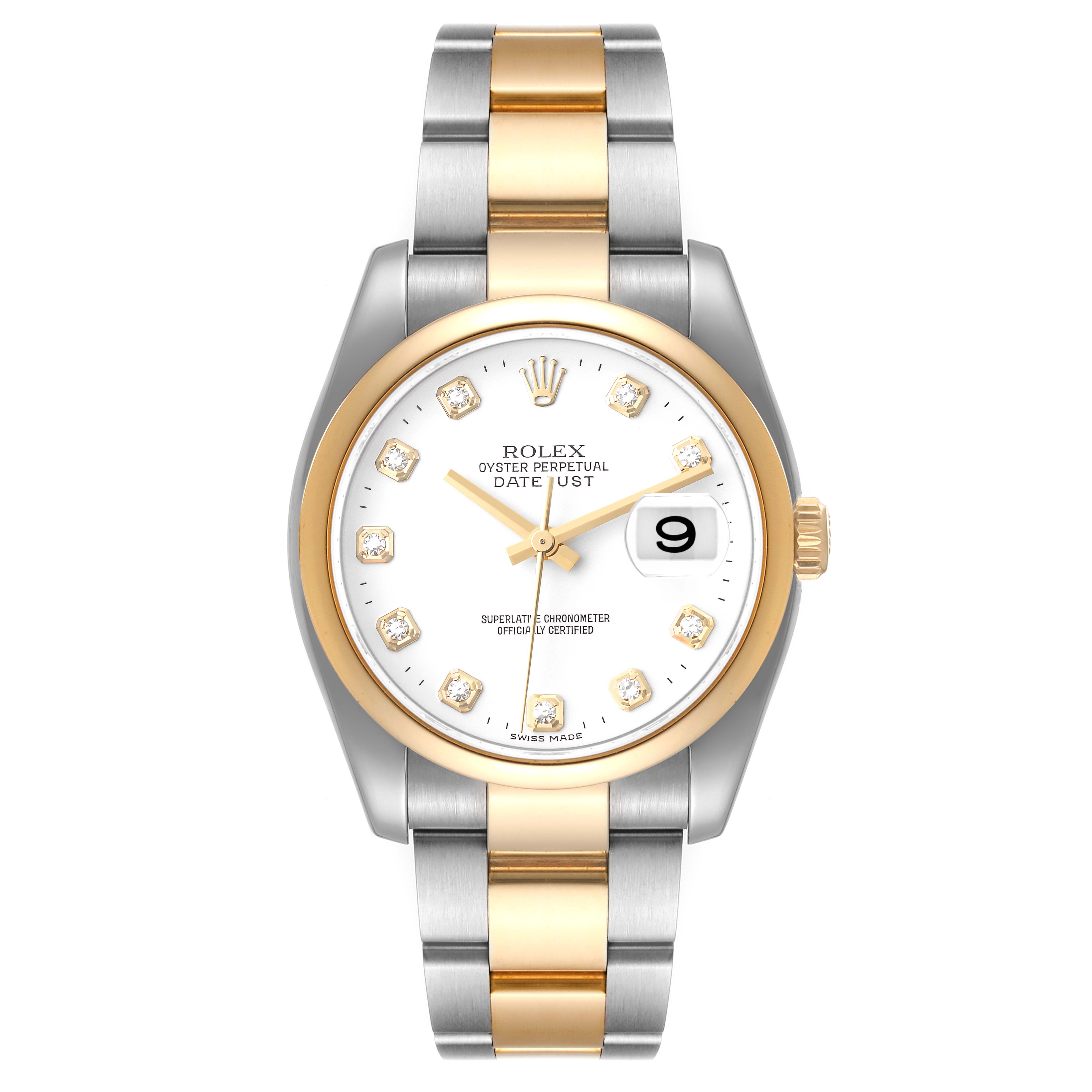 The image shows a front view of a Rolex Datejust 116203 Men's Steel and Gold (two tone) White Dial 116203 Men's Steel and Gold (two tone) White Dial watch with a two-tone bracelet and a white dial with diamond hour markers.