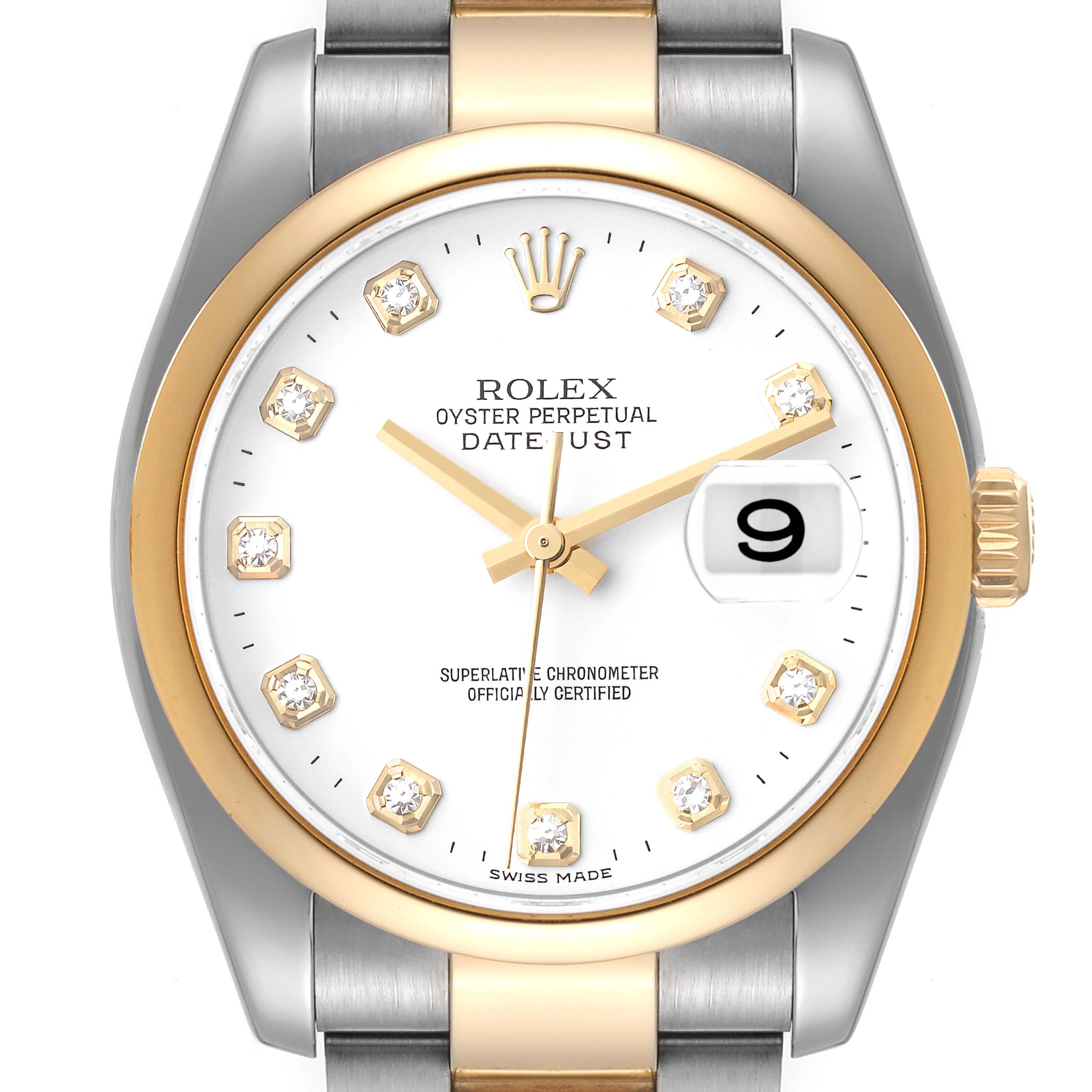 The image shows a frontal view of the Rolex Datejust 116203 Men's Steel and Gold (two tone) White Dial 116203 Men's Steel and Gold (two tone) White Dial watch, highlighting the dial, hands, crown, and part of the bracelet.