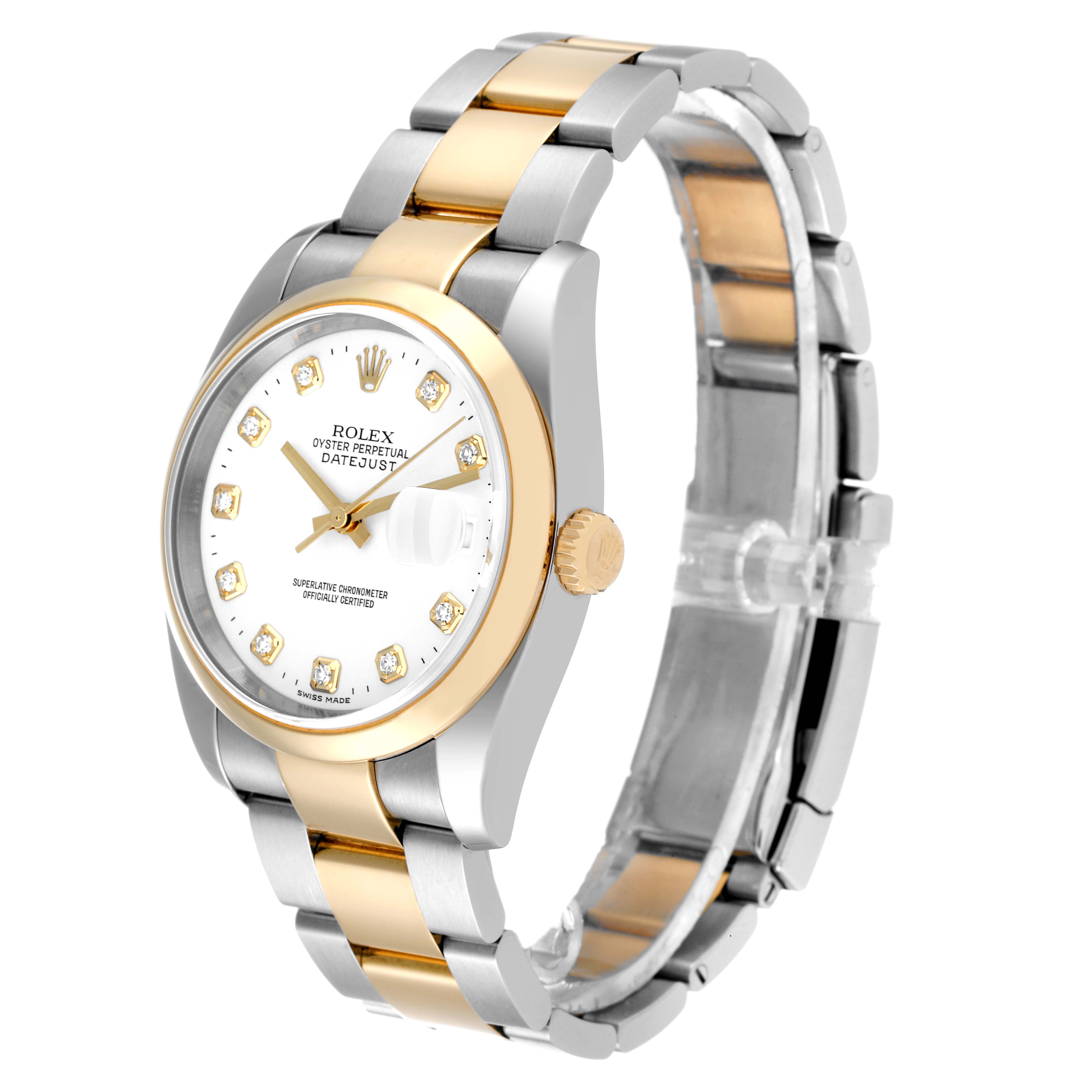 The Rolex Datejust 116203 Men's Steel and Gold (two tone) White Dial 116203 Men's Steel and Gold (two tone) White Dial watch is shown at a three-quarter angle, featuring the face, bezel, bracelet, and crown.