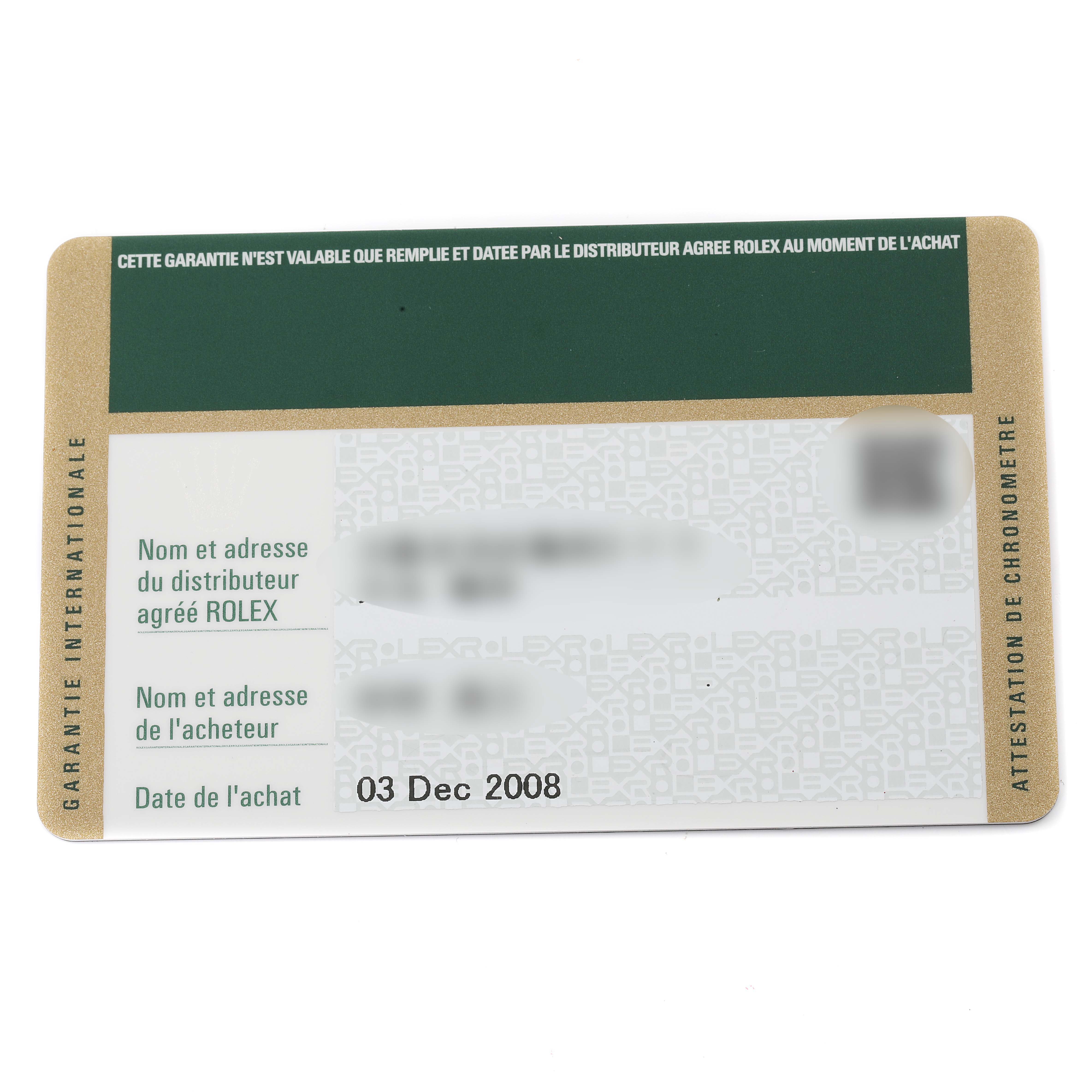 The image shows a warranty and certification card for a Rolex Datejust 116203 Men's Steel and Gold (two tone) White Dial 116203 Men's Steel and Gold (two tone) White Dial watch, detailing purchase information.